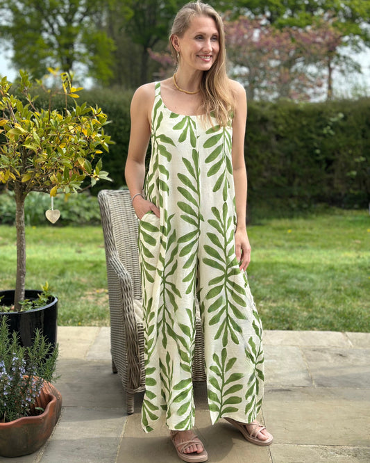 Clothing Bold Leaf Print Strap Jumpsuit - Green/Cream