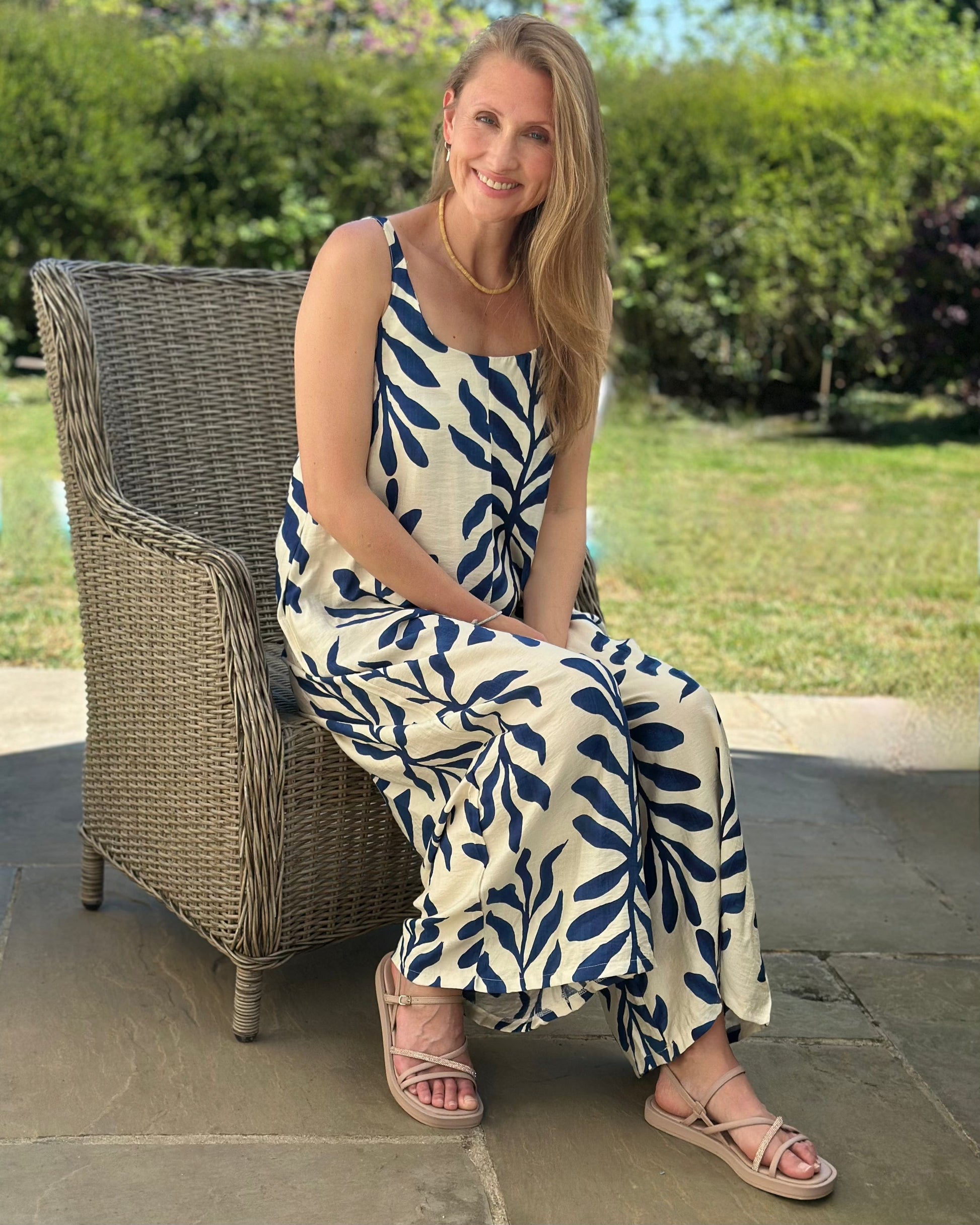 Clothing Bold Leaf Print Strap Jumpsuit - Navy