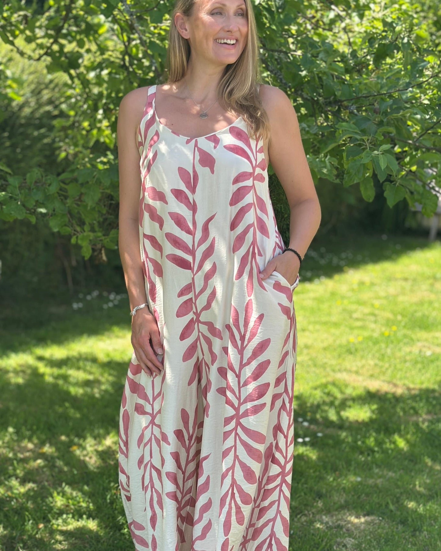 Clothing Bold Leaf Print Strap Jumpsuit - Pink/Cream