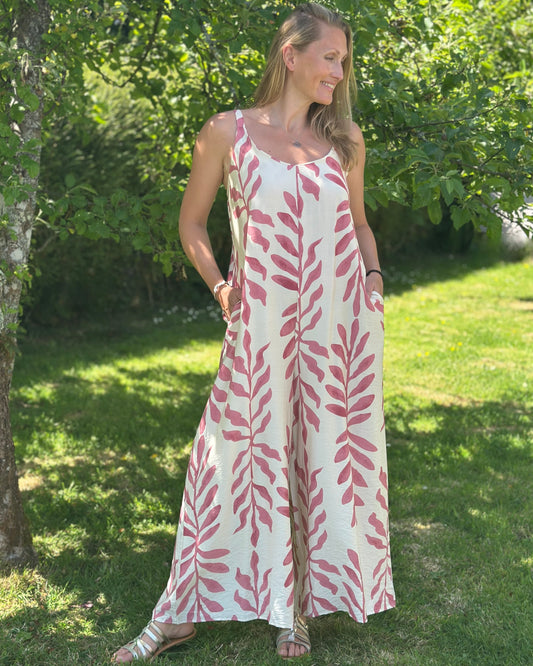 Clothing Bold Leaf Print Strap Jumpsuit - Pink/Cream