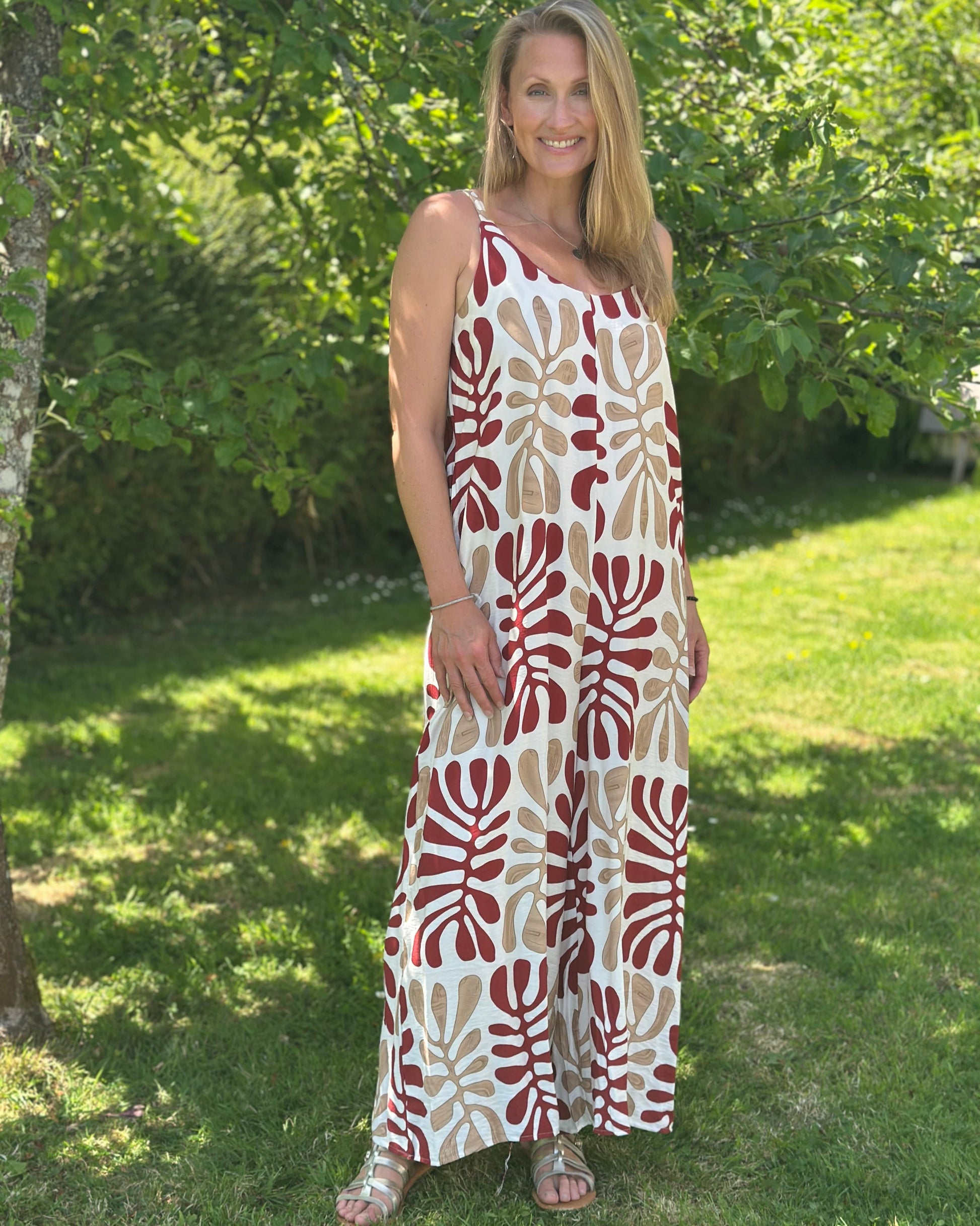Clothing Bold Leaf Print Strap Jumpsuit - Taupe/Rust Red
