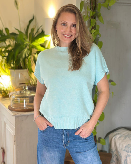 Clothing Boxy Ribbed Short Sleeve Jumper - Aqua Blue