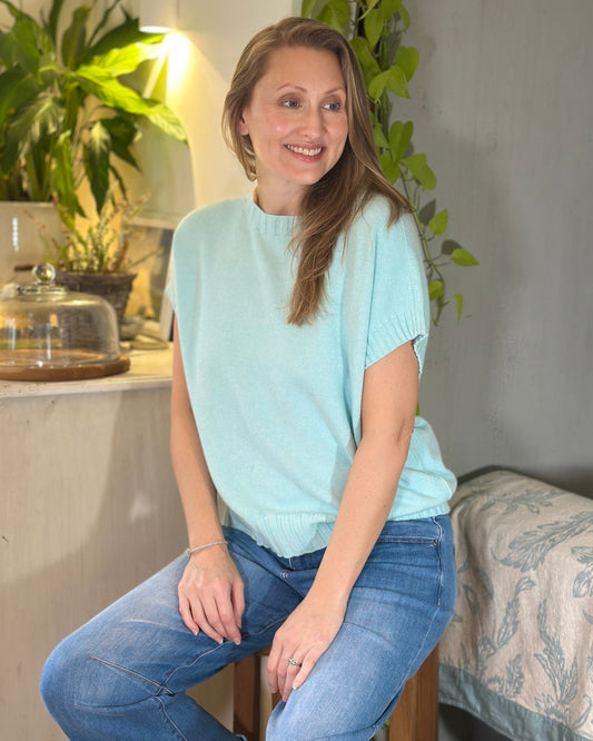Clothing Boxy Ribbed Short Sleeve Jumper - Aqua Blue