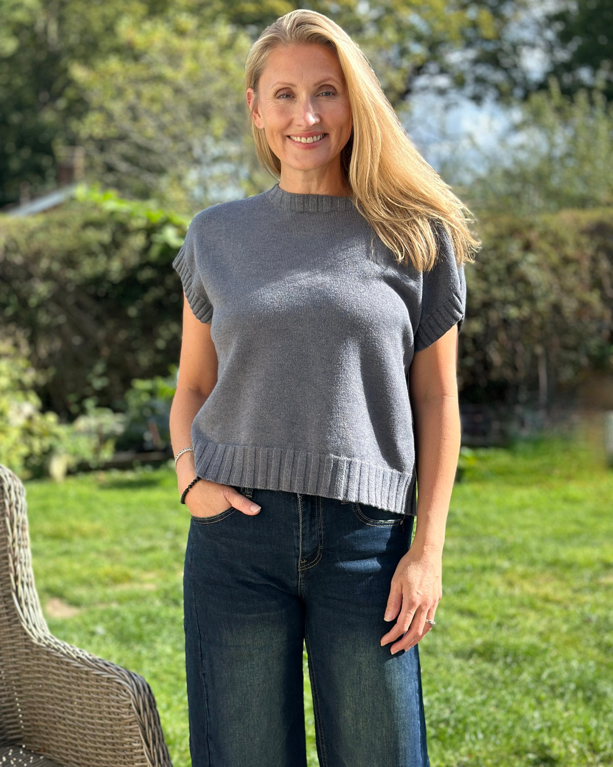 Clothing Boxy Ribbed Short Sleeve Jumper - Charcoal