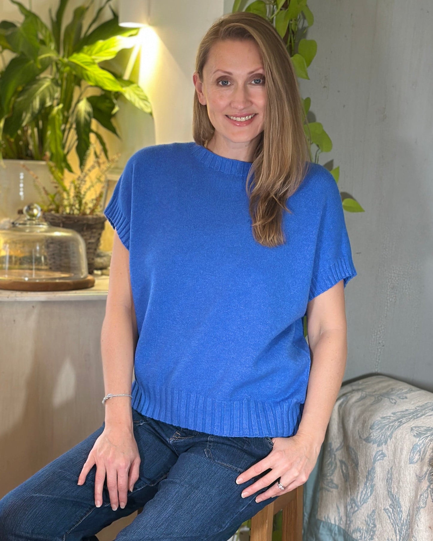 Clothing Boxy Ribbed Short Sleeve Jumper - Cornflower Blue