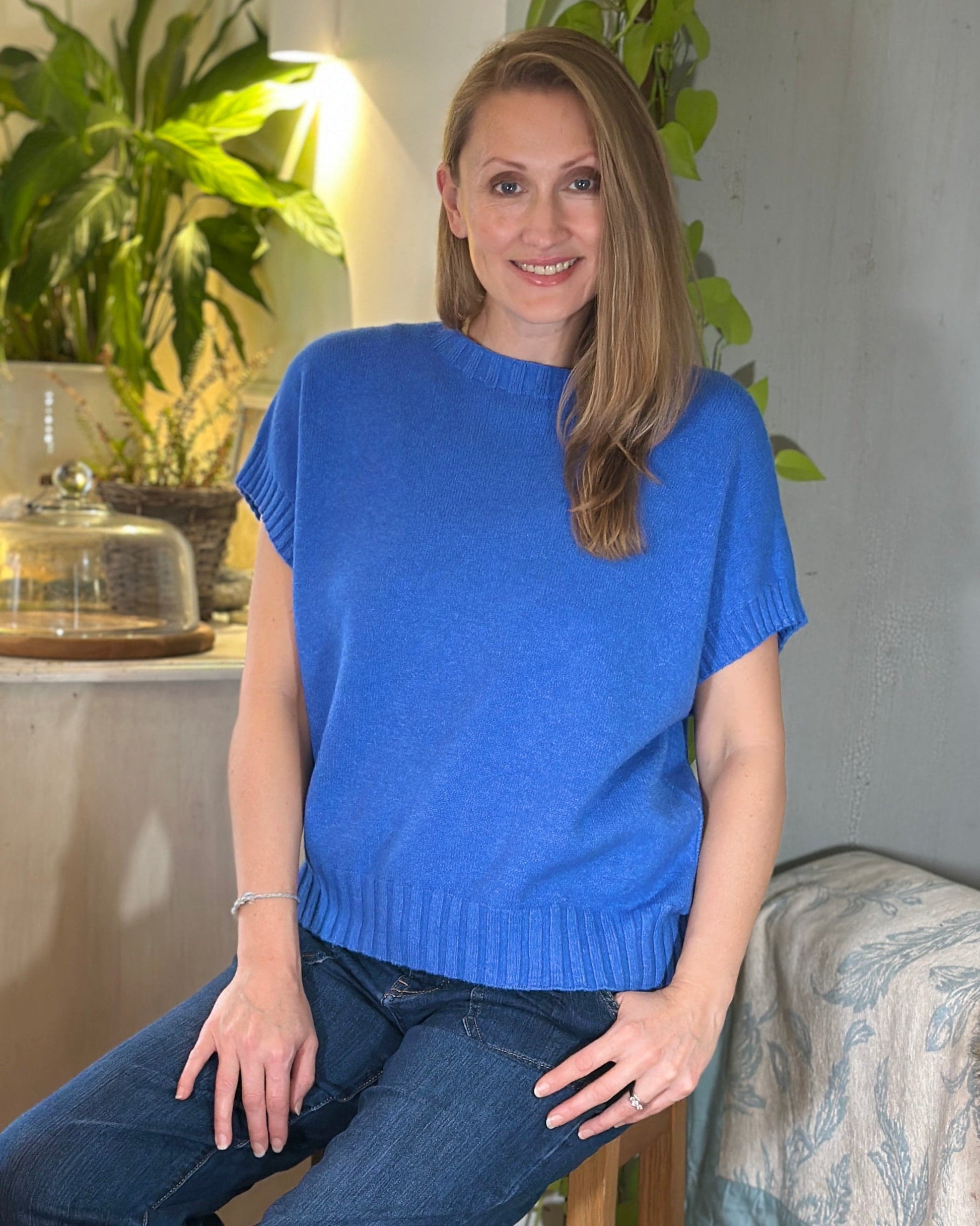 Clothing Boxy Ribbed Short Sleeve Jumper - Cornflower Blue