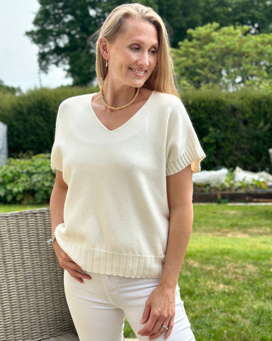 Clothing Boxy Ribbed Short Sleeve Jumper - Cream