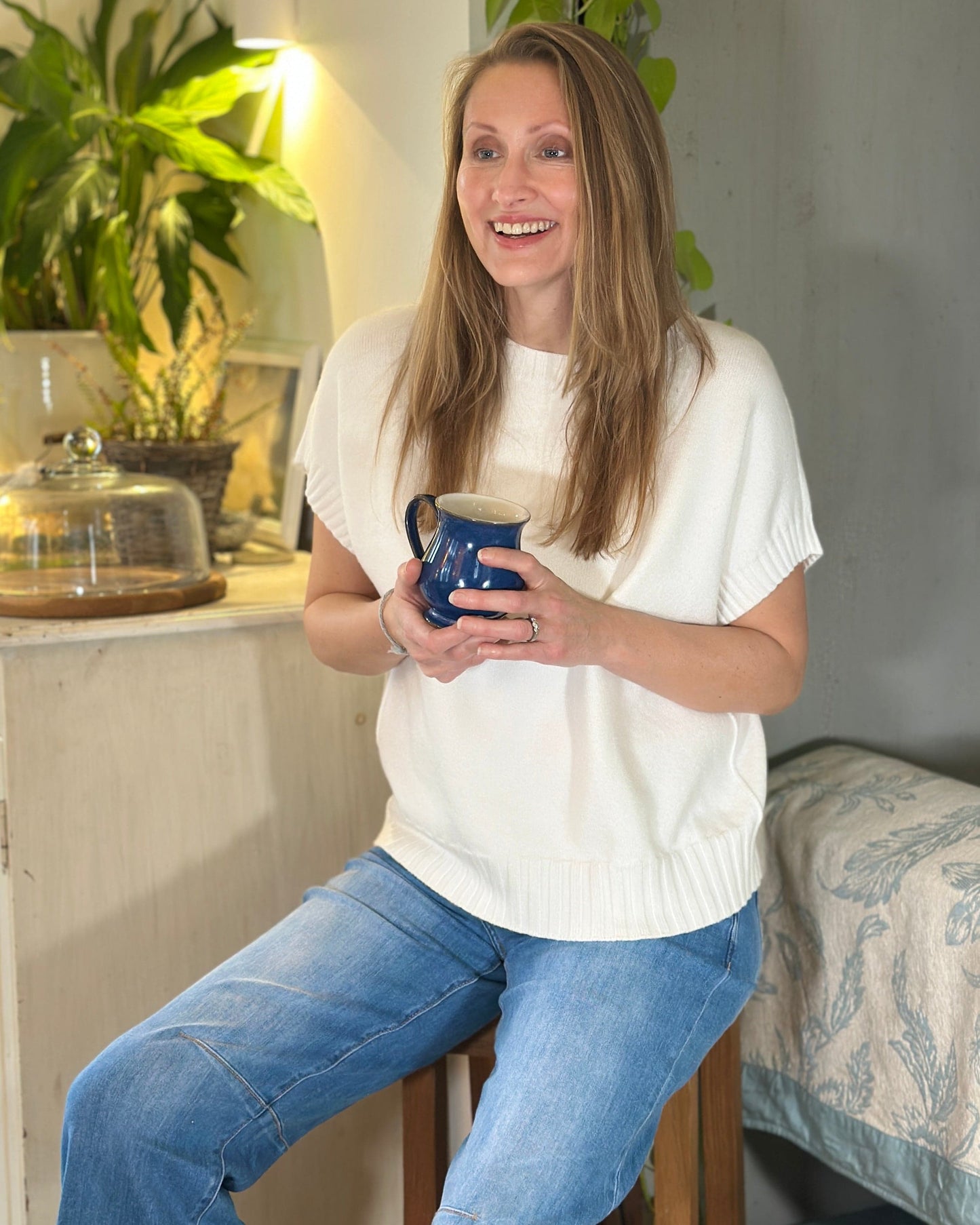 Clothing Boxy Ribbed Short Sleeve Jumper - Cream