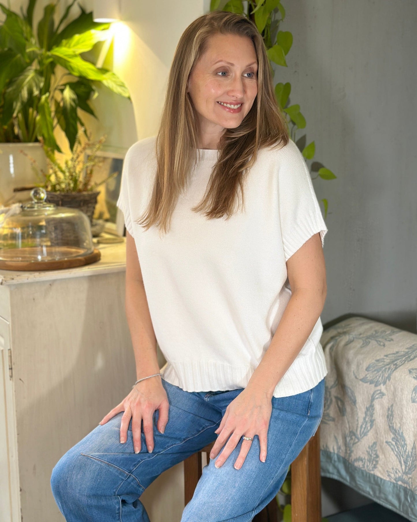 Clothing Boxy Ribbed Short Sleeve Jumper - Cream