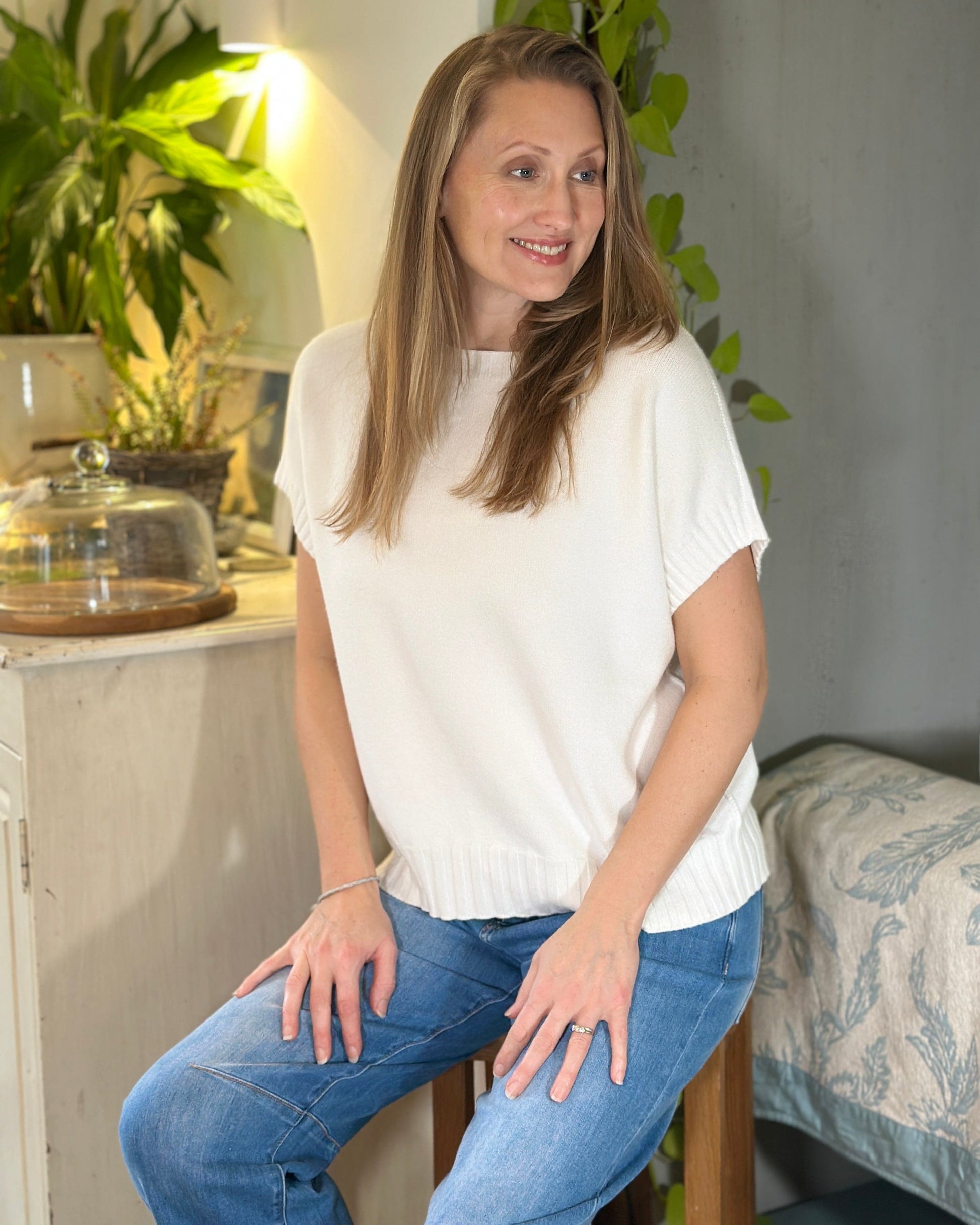 Clothing Boxy Ribbed Short Sleeve Jumper - Cream