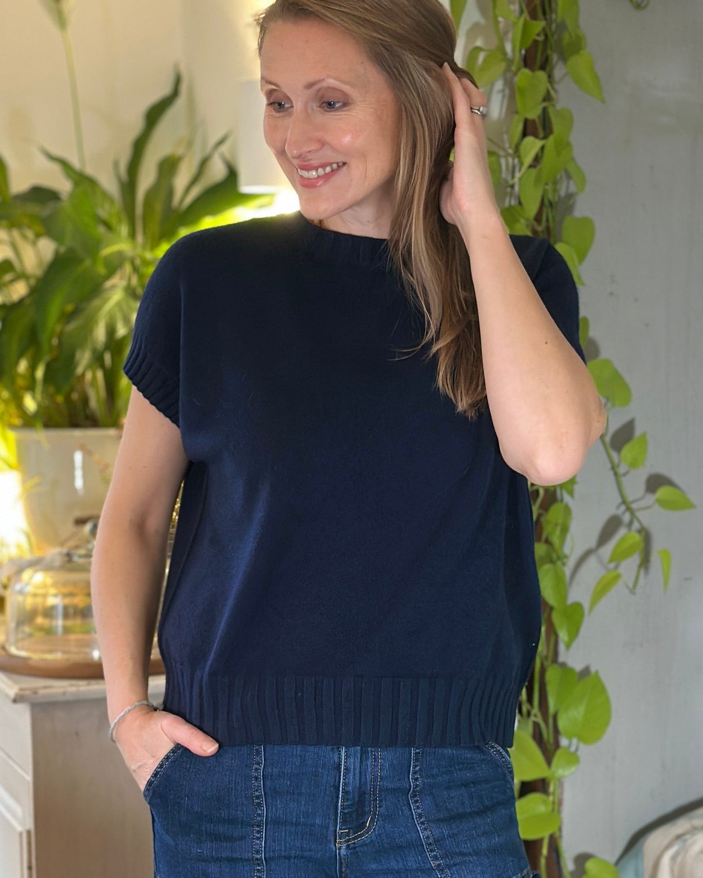 Clothing Boxy Ribbed Short Sleeve Jumper - Navy