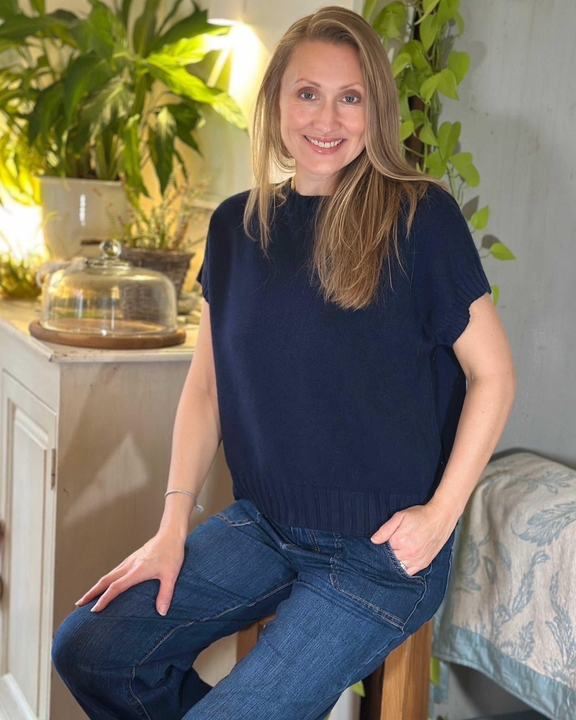 Clothing Boxy Ribbed Short Sleeve Jumper - Navy