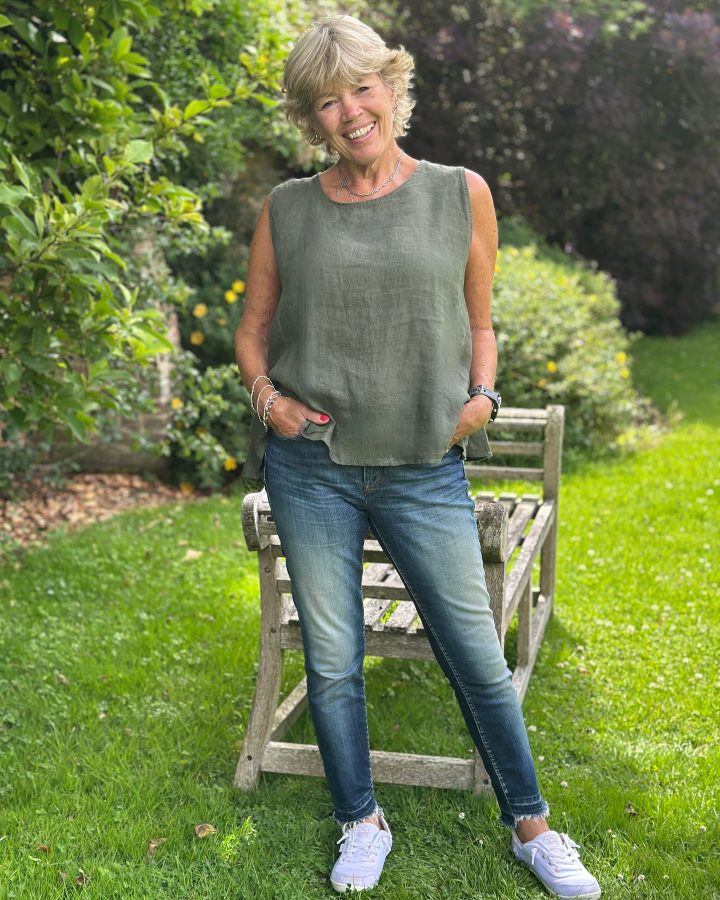 Clothing Button Back Linen Top - Khaki