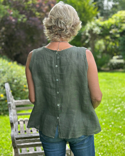 Clothing Button Back Linen Top - Khaki