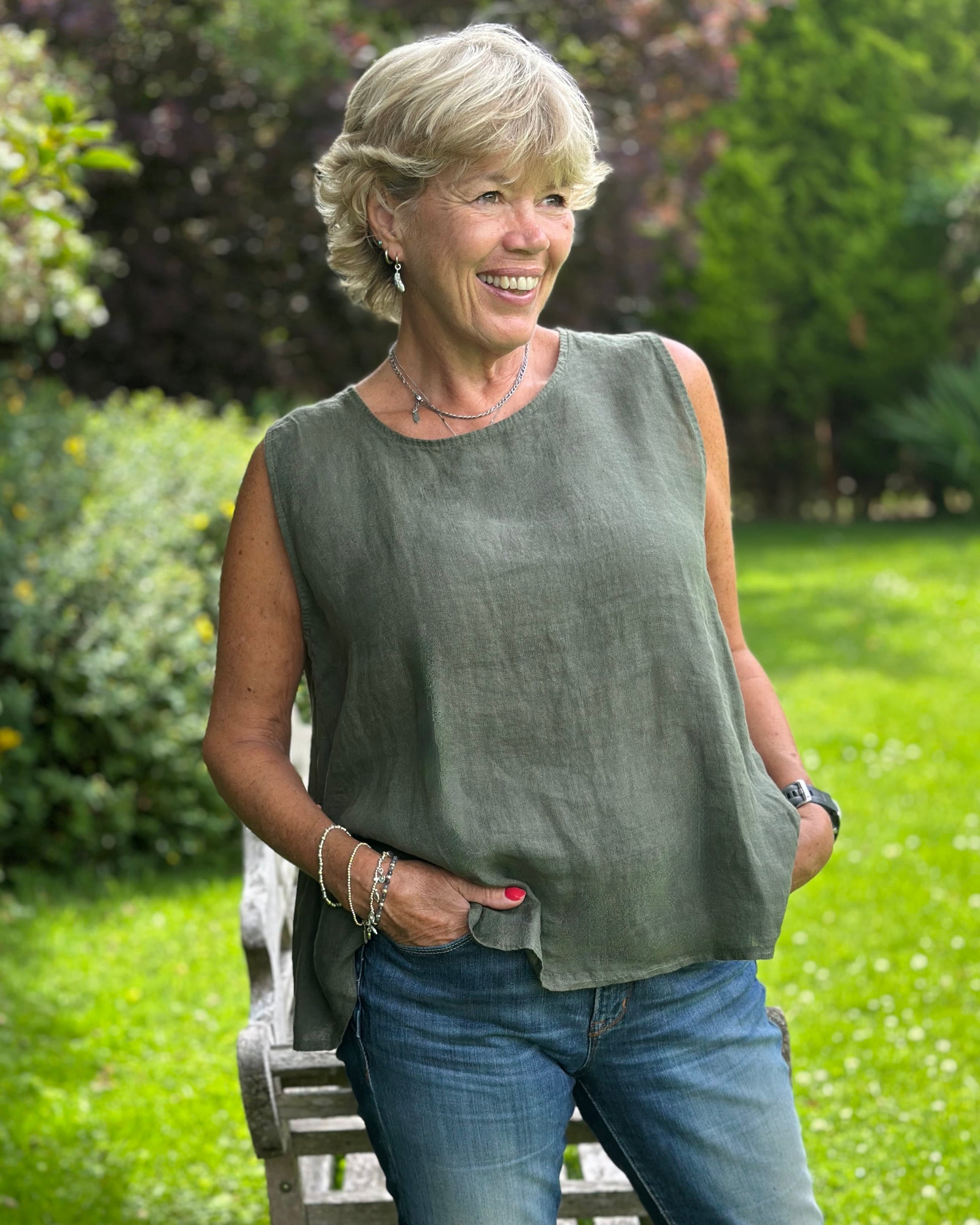 Clothing Button Back Linen Top - Khaki