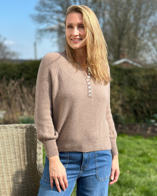 clothing Button Front Alpaca Jumper - Truffle