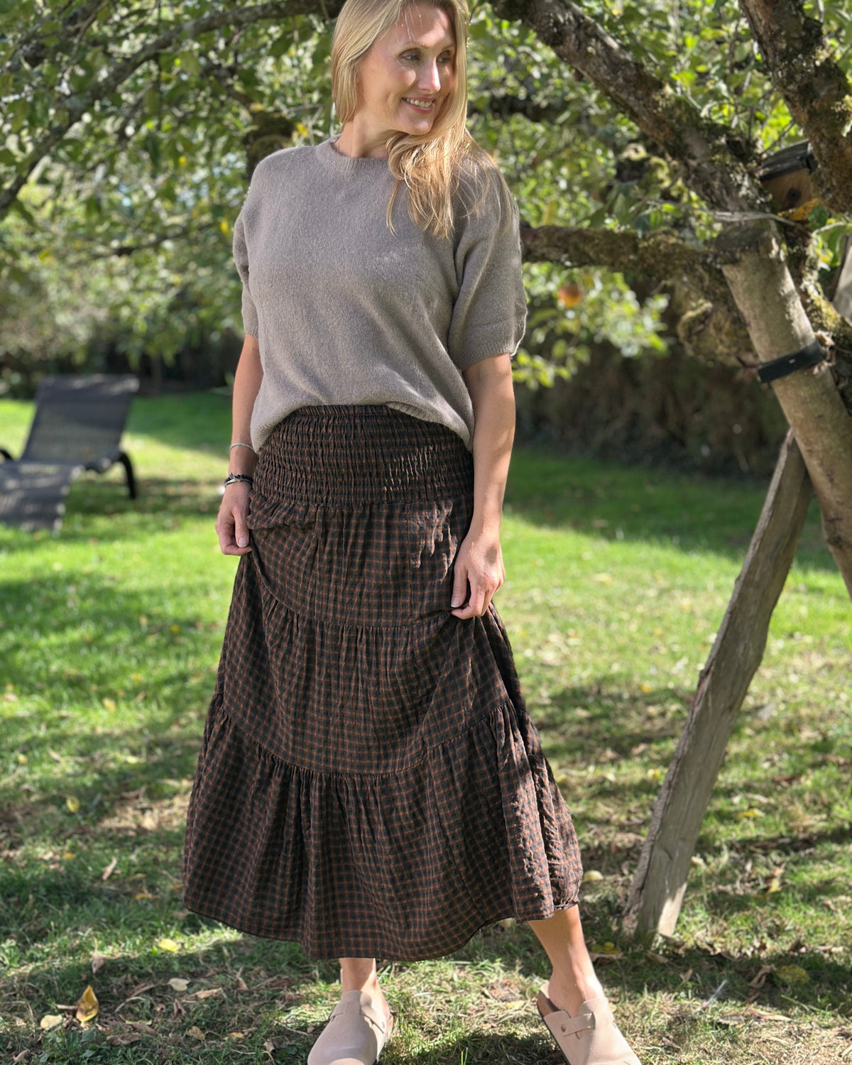 Clothing Check Patterned Tiered Skirt/Dress - Brown/Tan