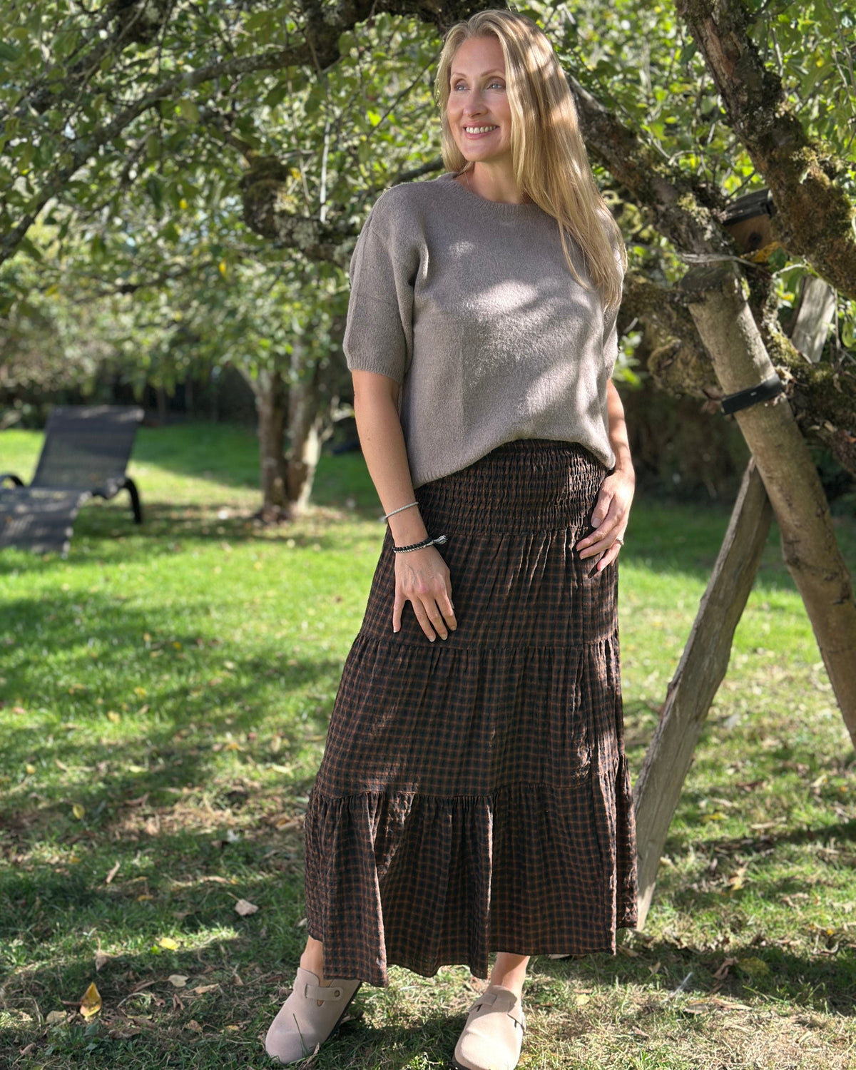 Clothing Check Patterned Tiered Skirt/Dress - Brown/Tan
