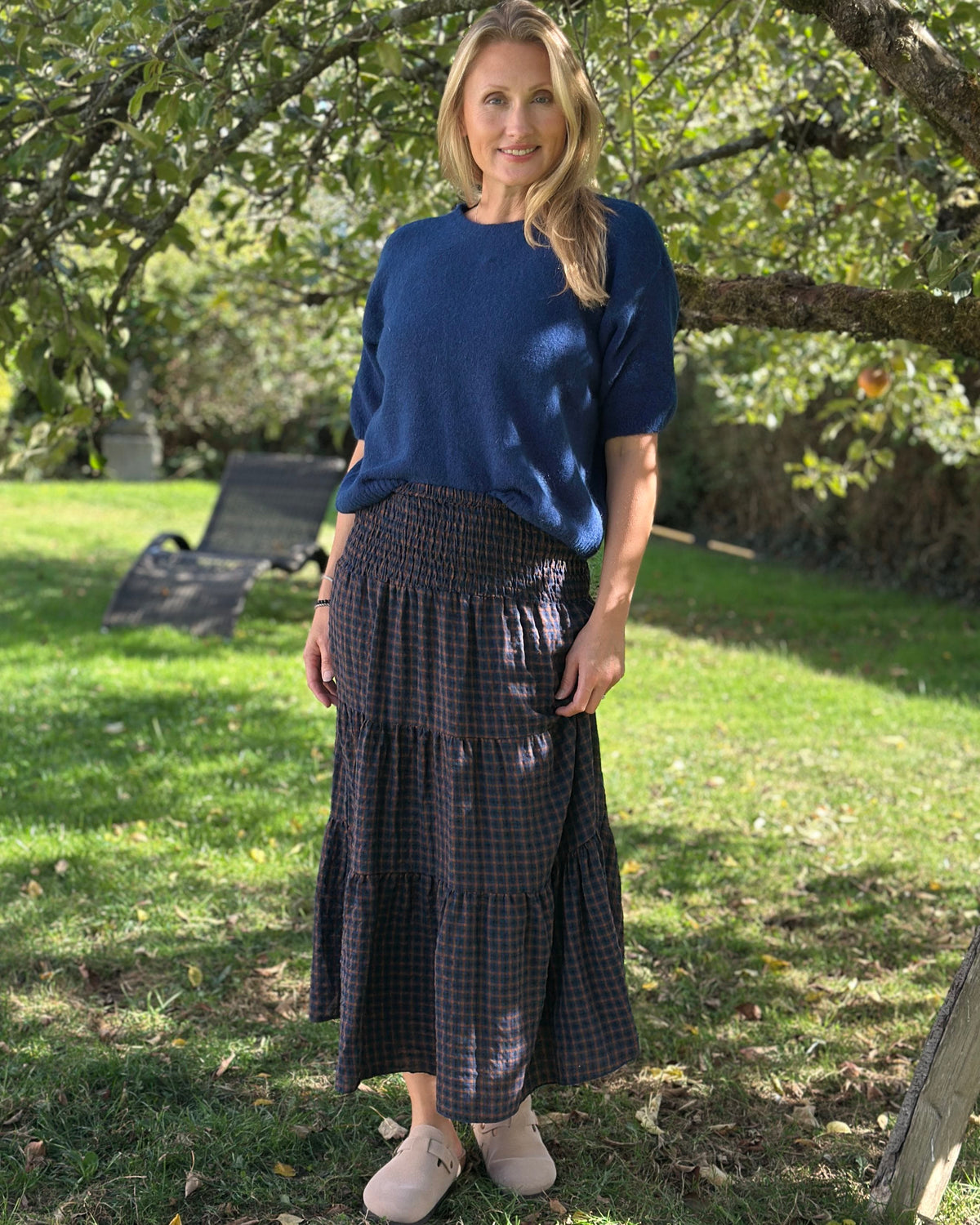 Clothing Check Patterned Tiered Skirt/Dress - Navy/Tan