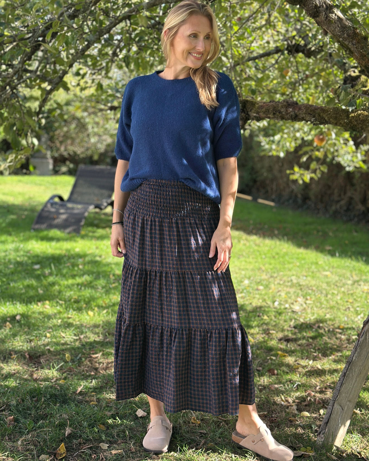 Clothing Check Patterned Tiered Skirt/Dress - Navy/Tan