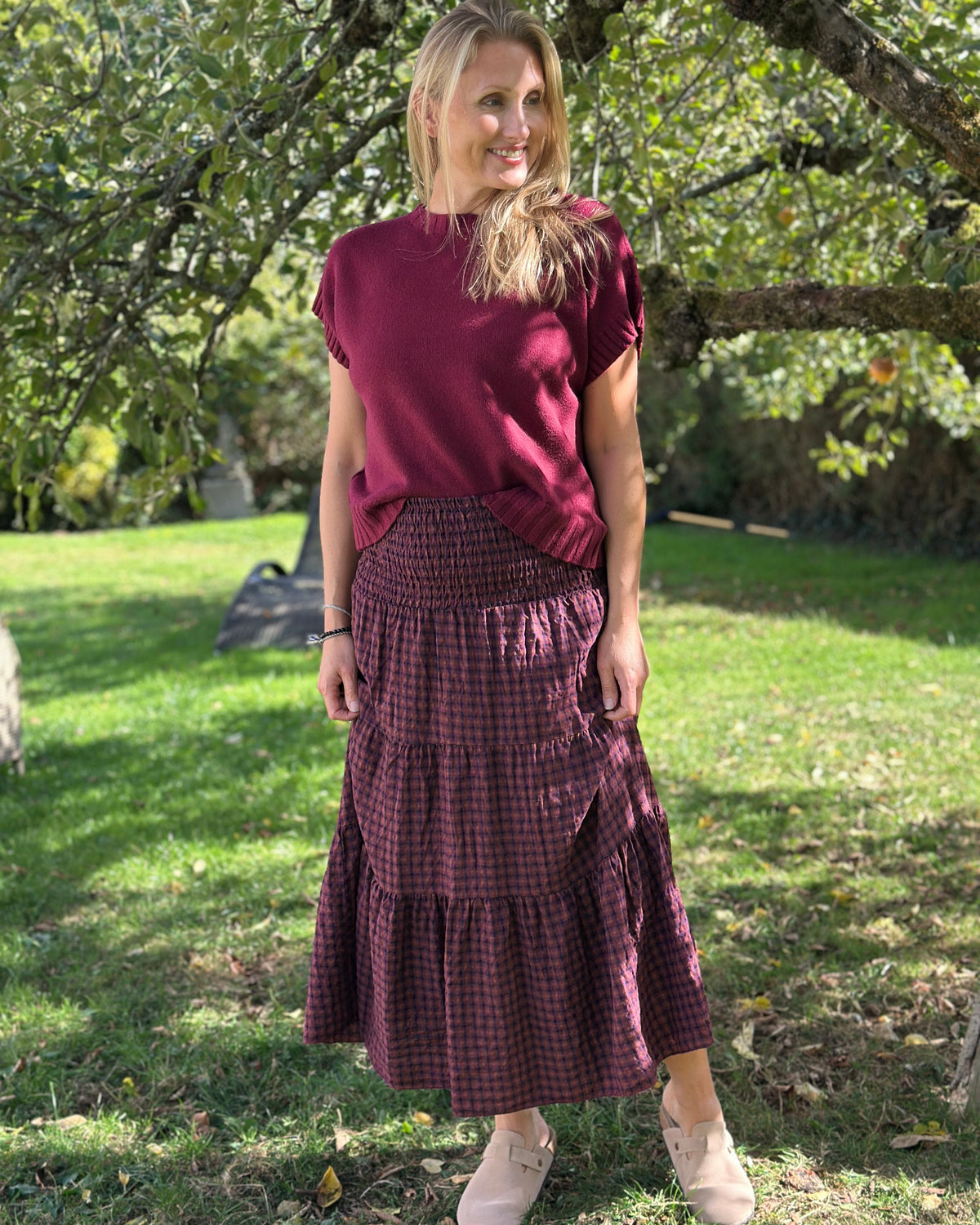 Clothing Check Patterned Tiered Skirt/Dress - Plum