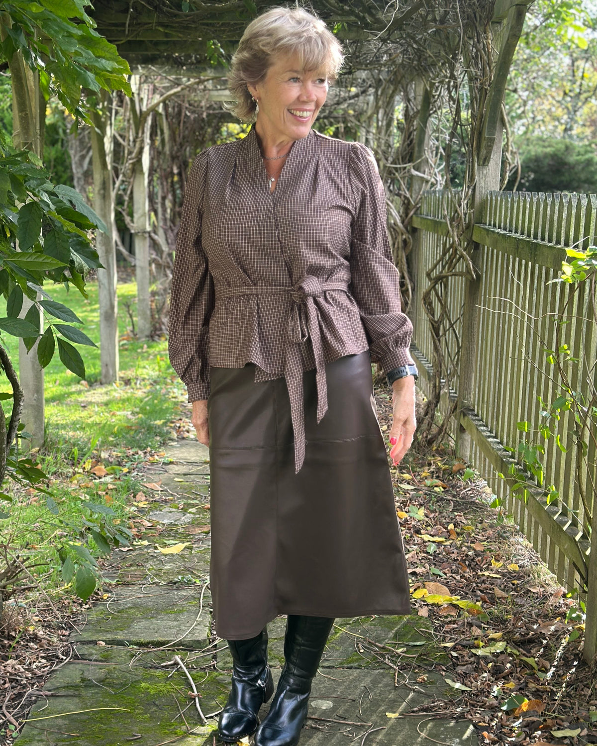 Clothing Check Wrap Blouse - Brown