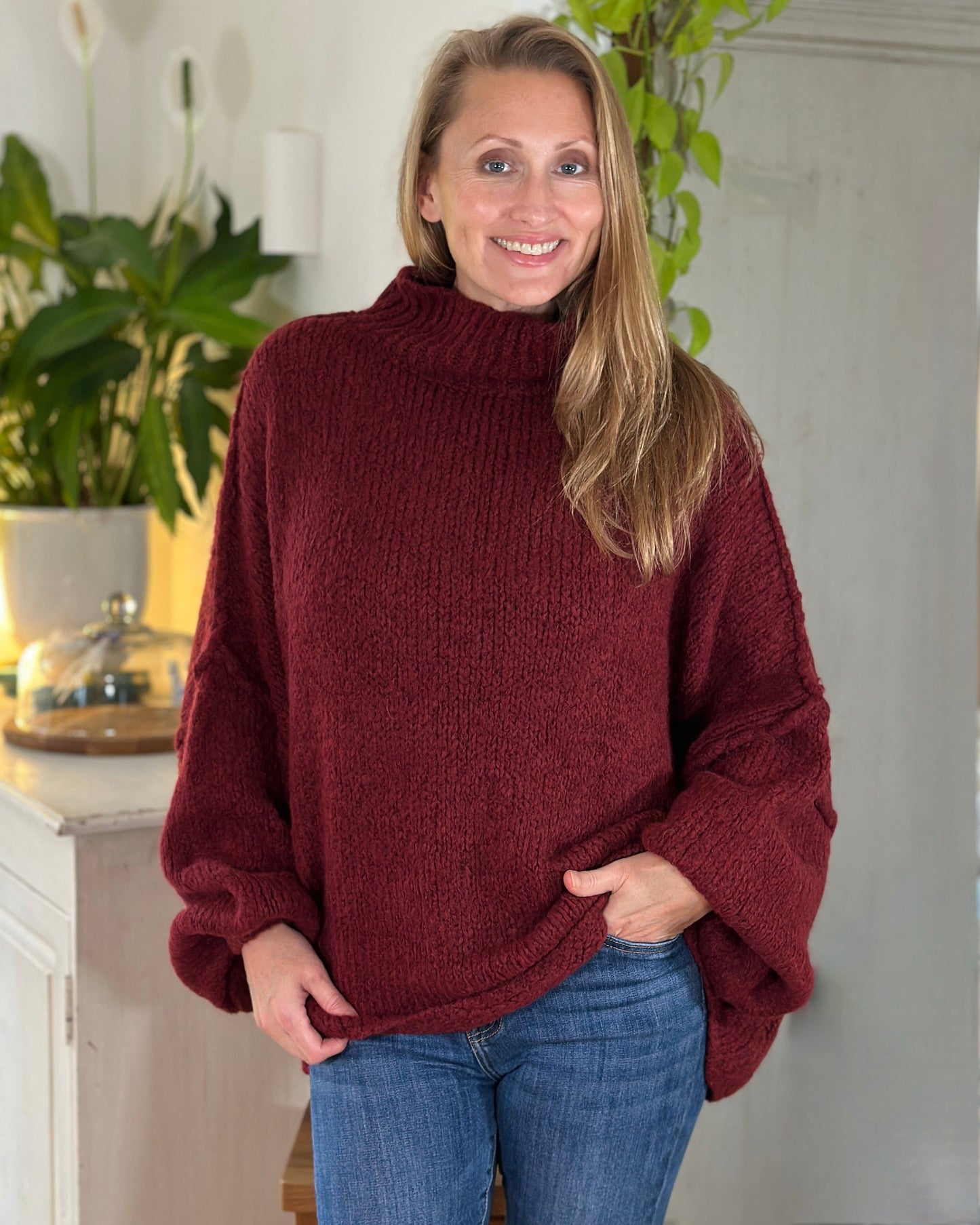 clothing Chunky Knit Balloon Sleeve Jumper - Burgundy