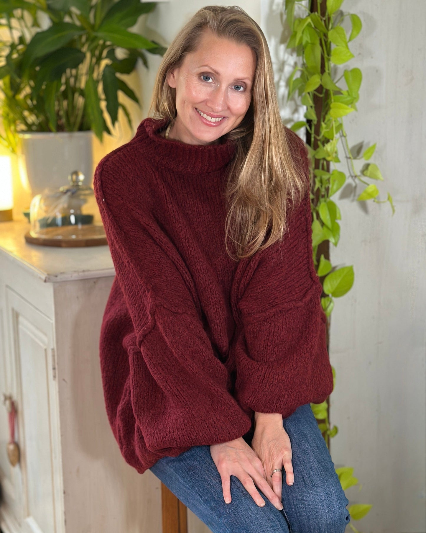 clothing Chunky Knit Balloon Sleeve Jumper - Burgundy
