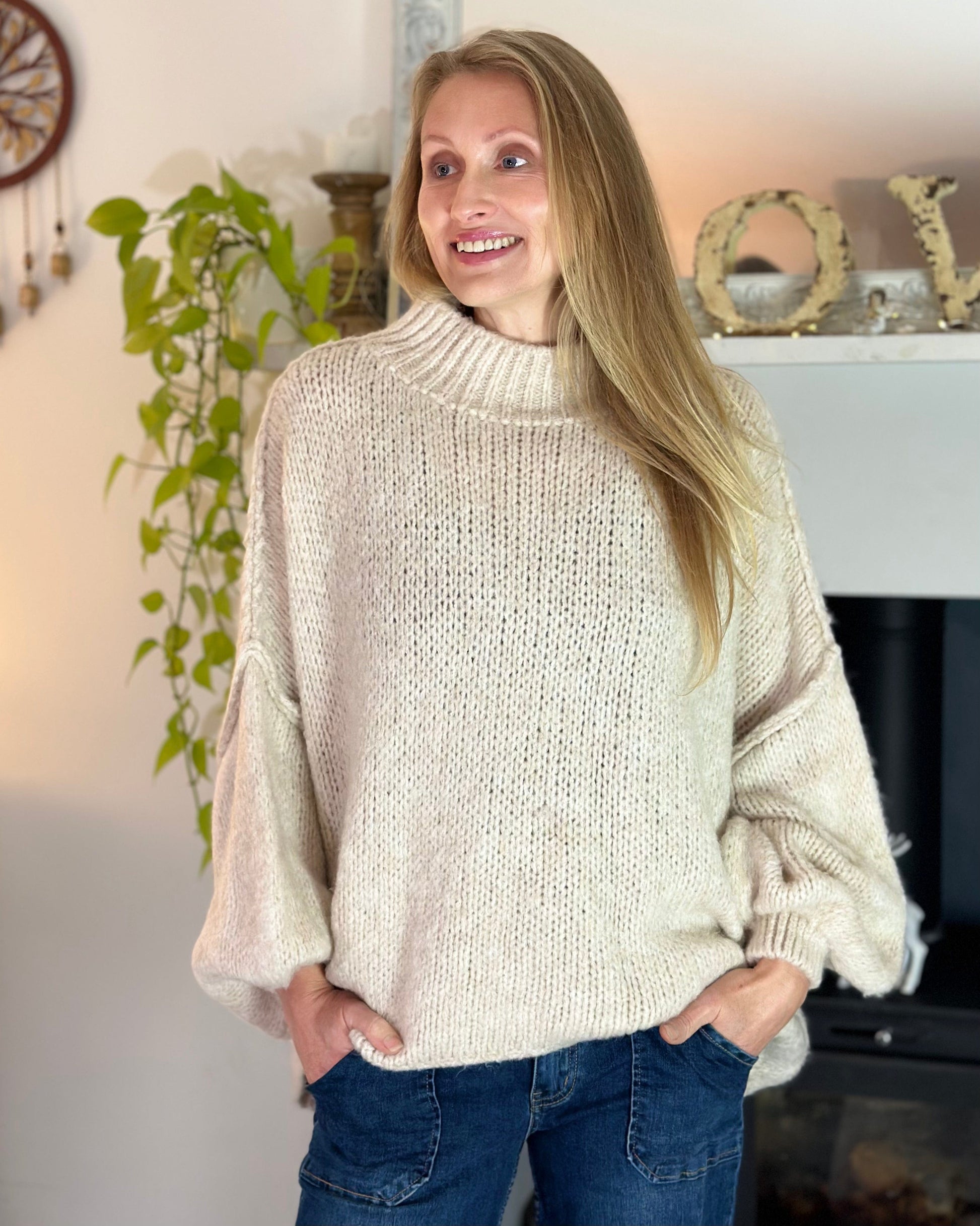 clothing Chunky Knit Balloon Sleeve Jumper - Oatmeal