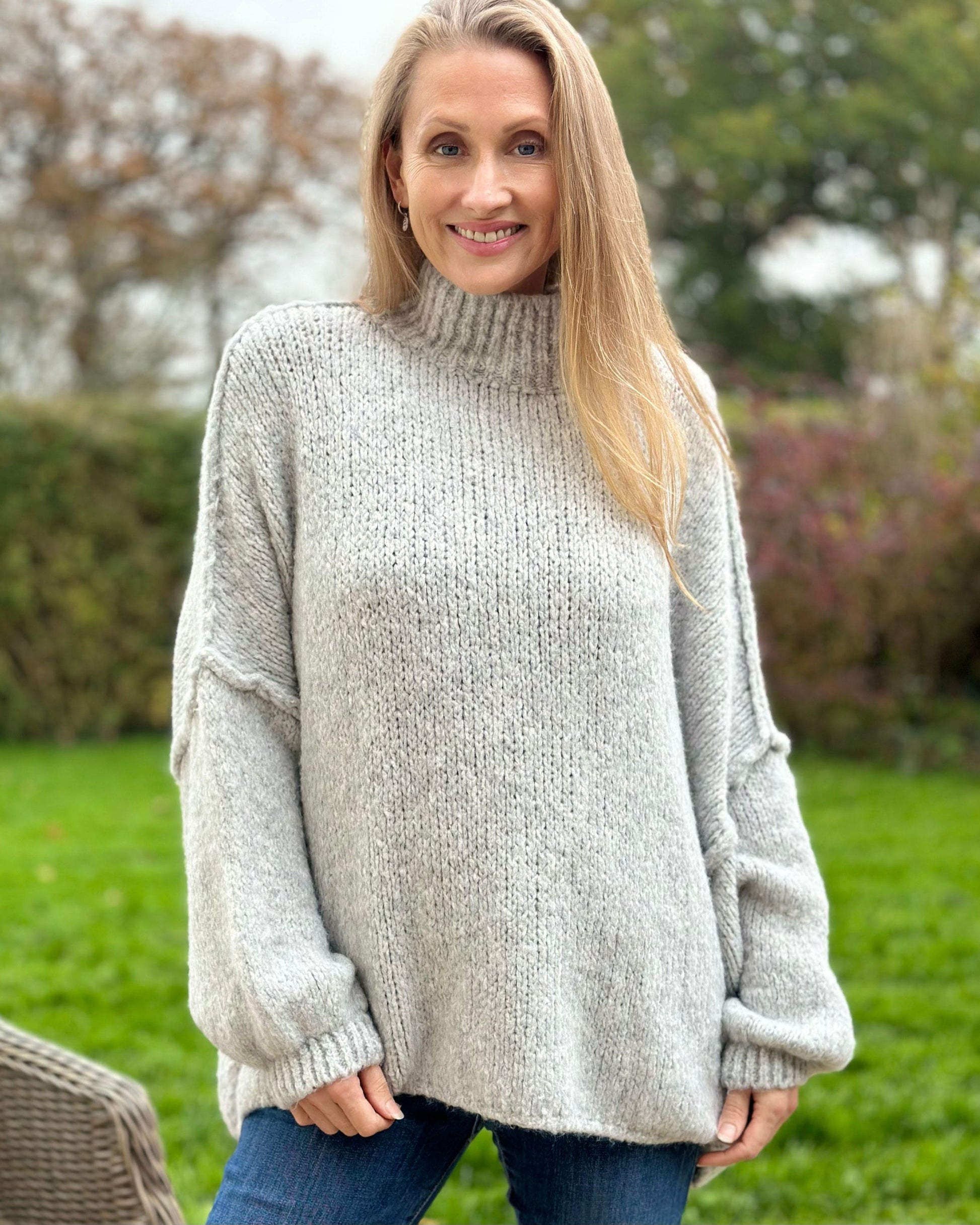 clothing Chunky Knit Balloon Sleeve Jumper - Silver Grey