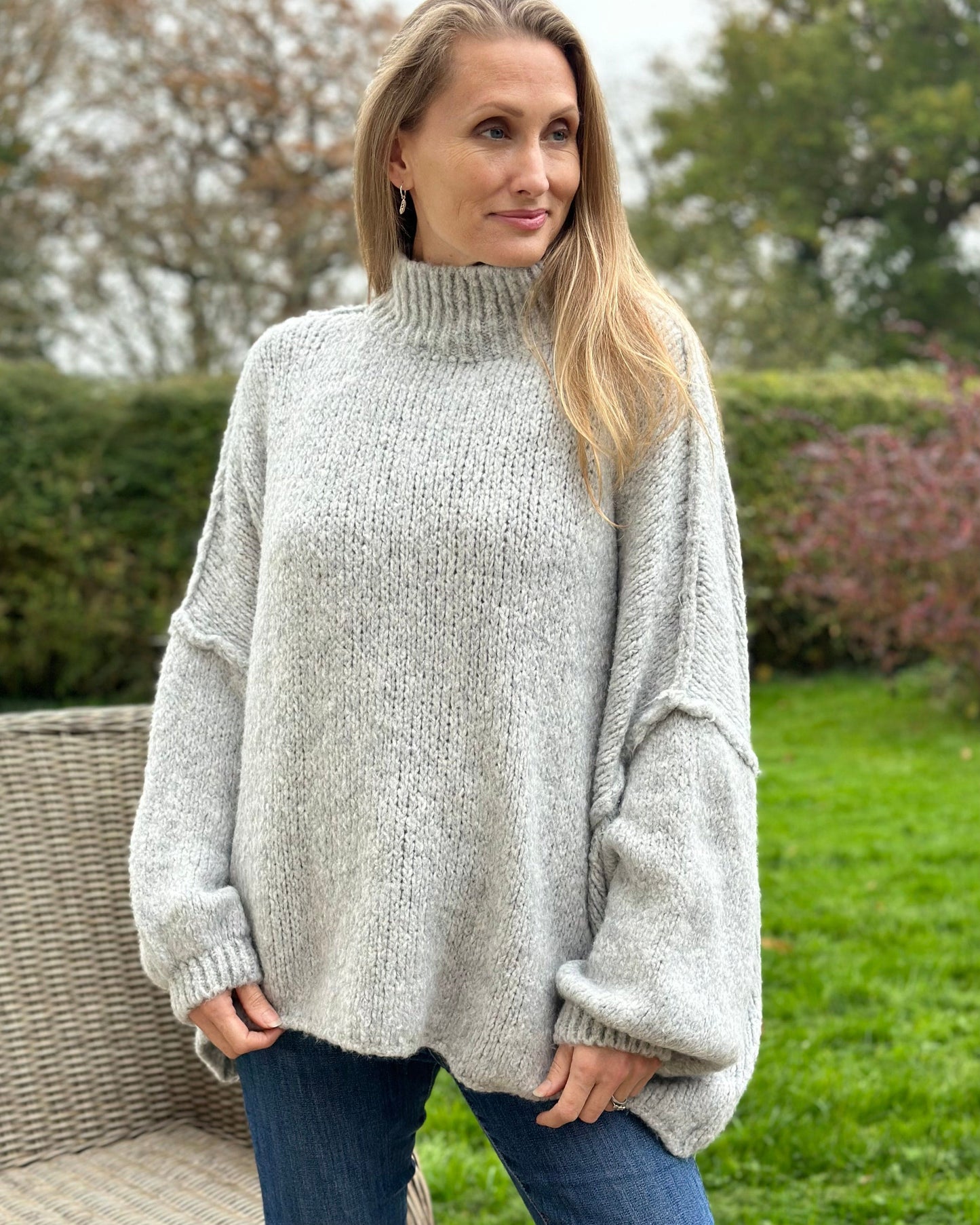 clothing Chunky Knit Balloon Sleeve Jumper - Silver Grey