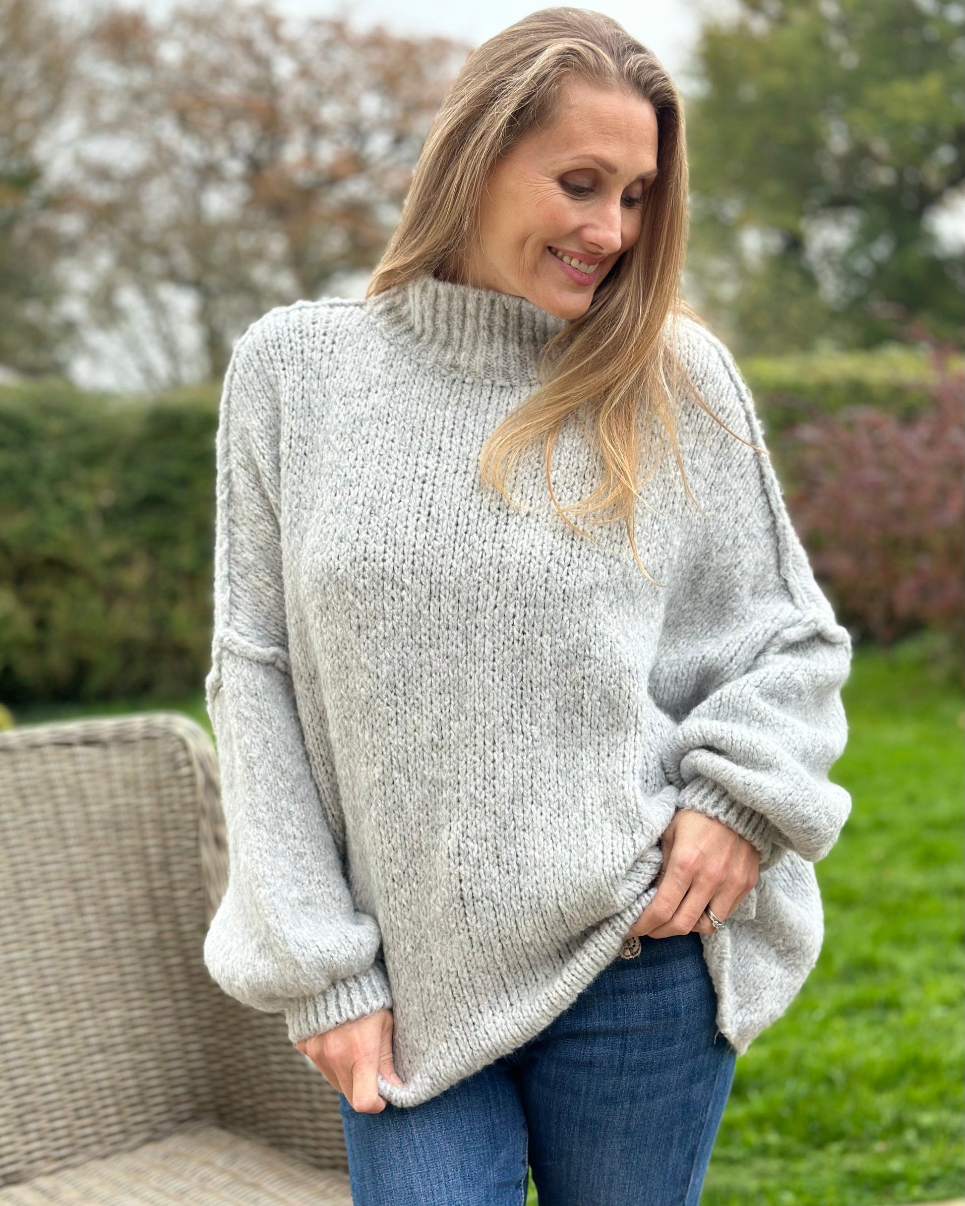 clothing Chunky Knit Balloon Sleeve Jumper - Silver Grey