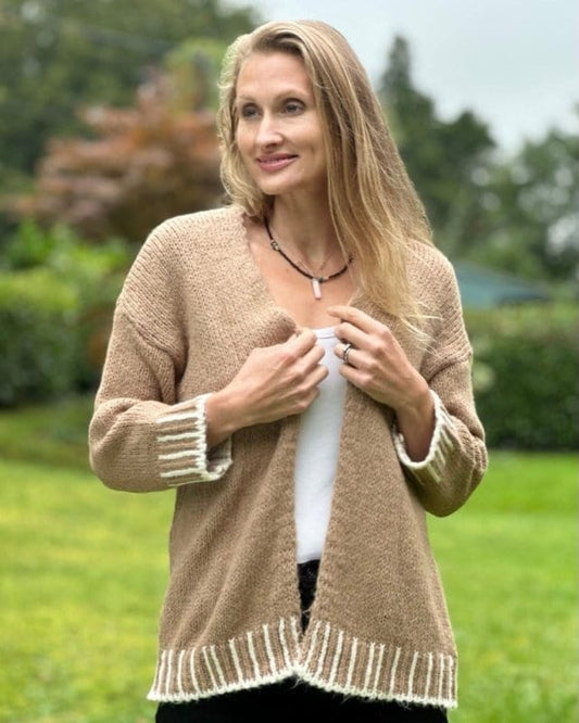 clothing Chunky Knit Cardigan With Contrast Stitching - Coffee