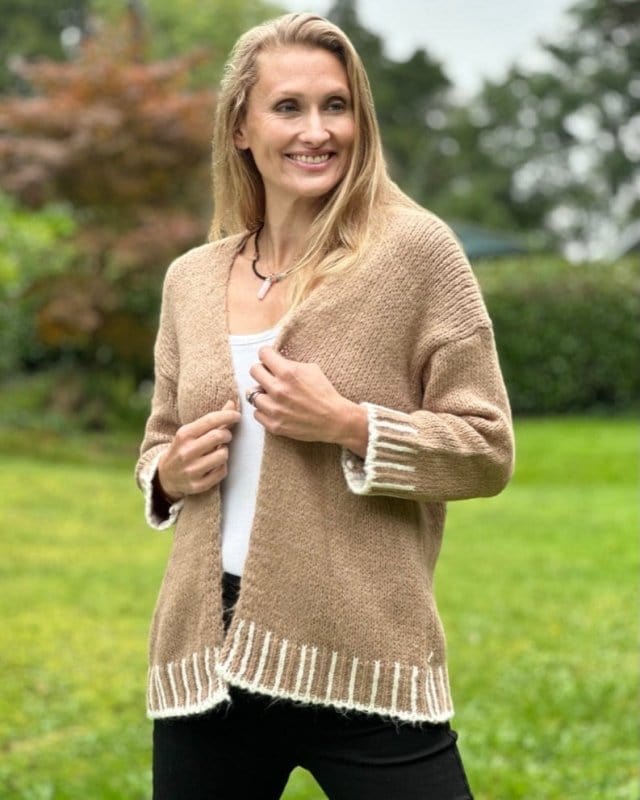clothing Chunky Knit Cardigan With Contrast Stitching - Coffee