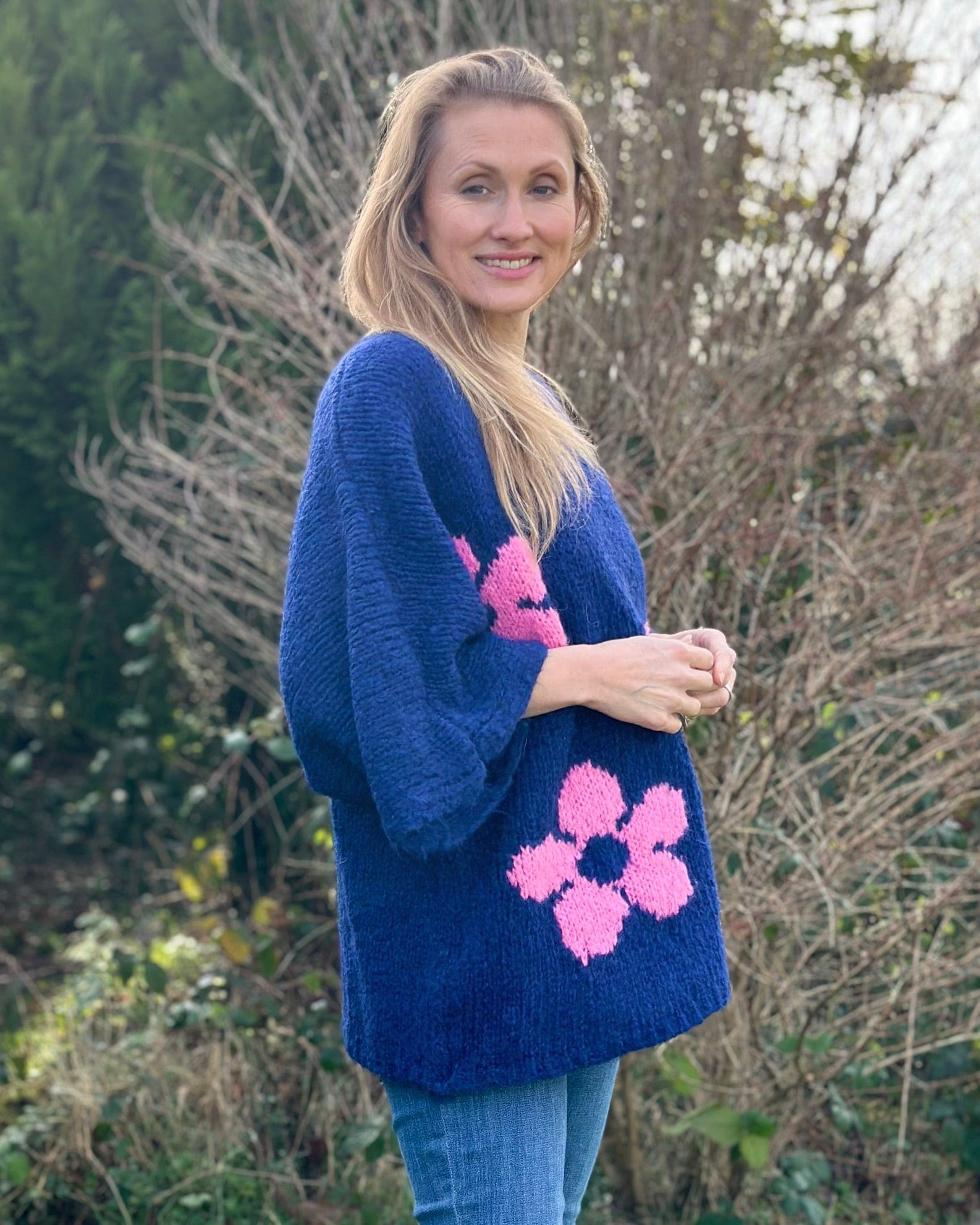 clothing Chunky Knit Flower Jumper - Navy/Pink