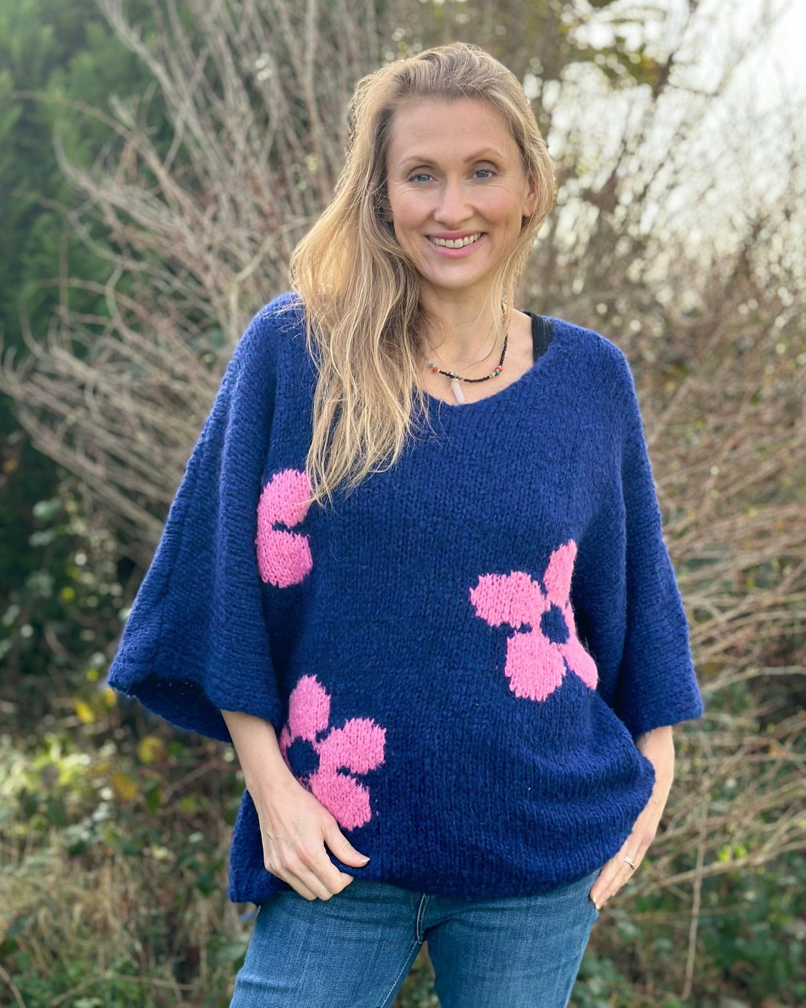 clothing Chunky Knit Flower Jumper - Navy/Pink