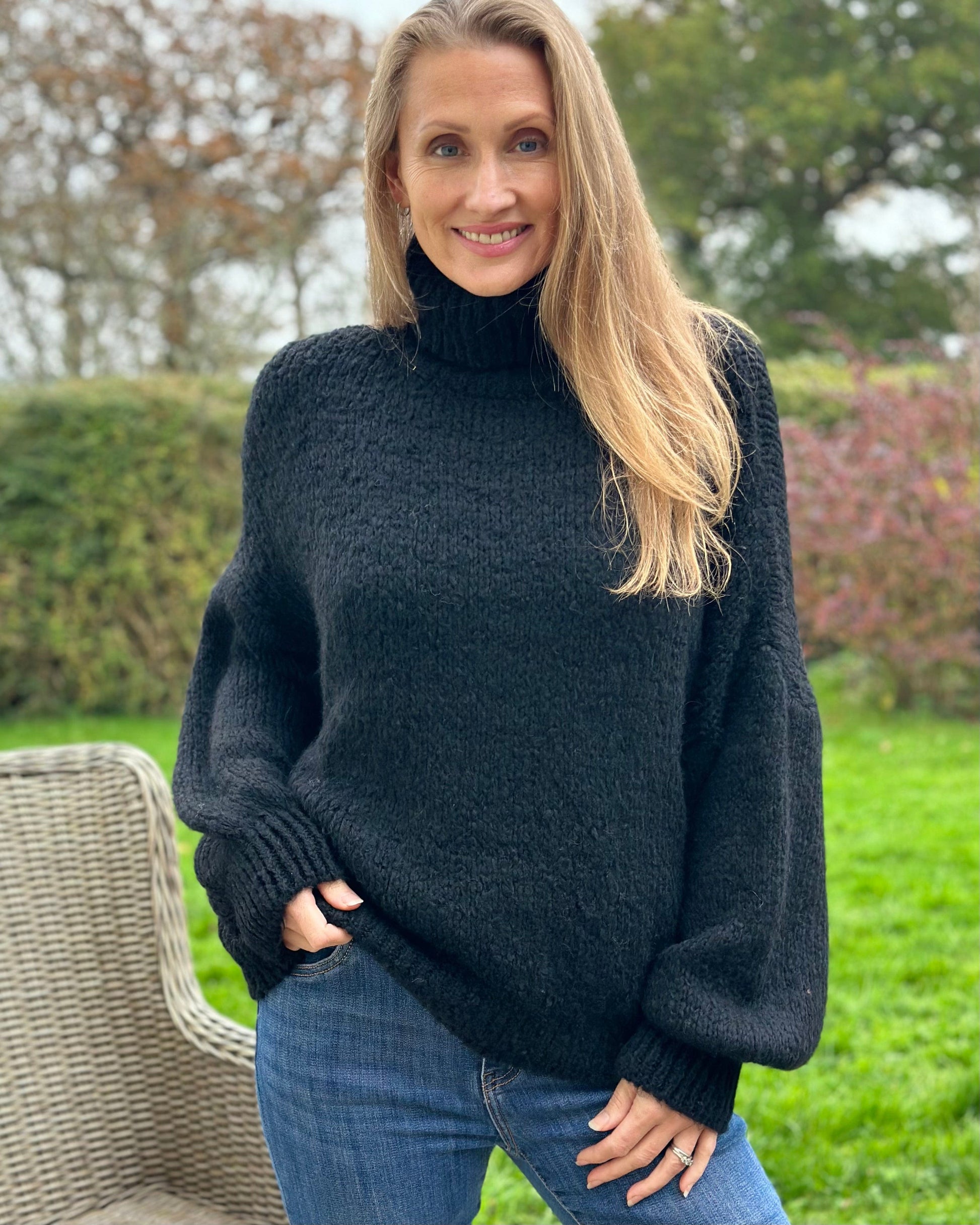 Chunky Knit Roll Neck Balloon Sleeve Jumper Black LavenderLime