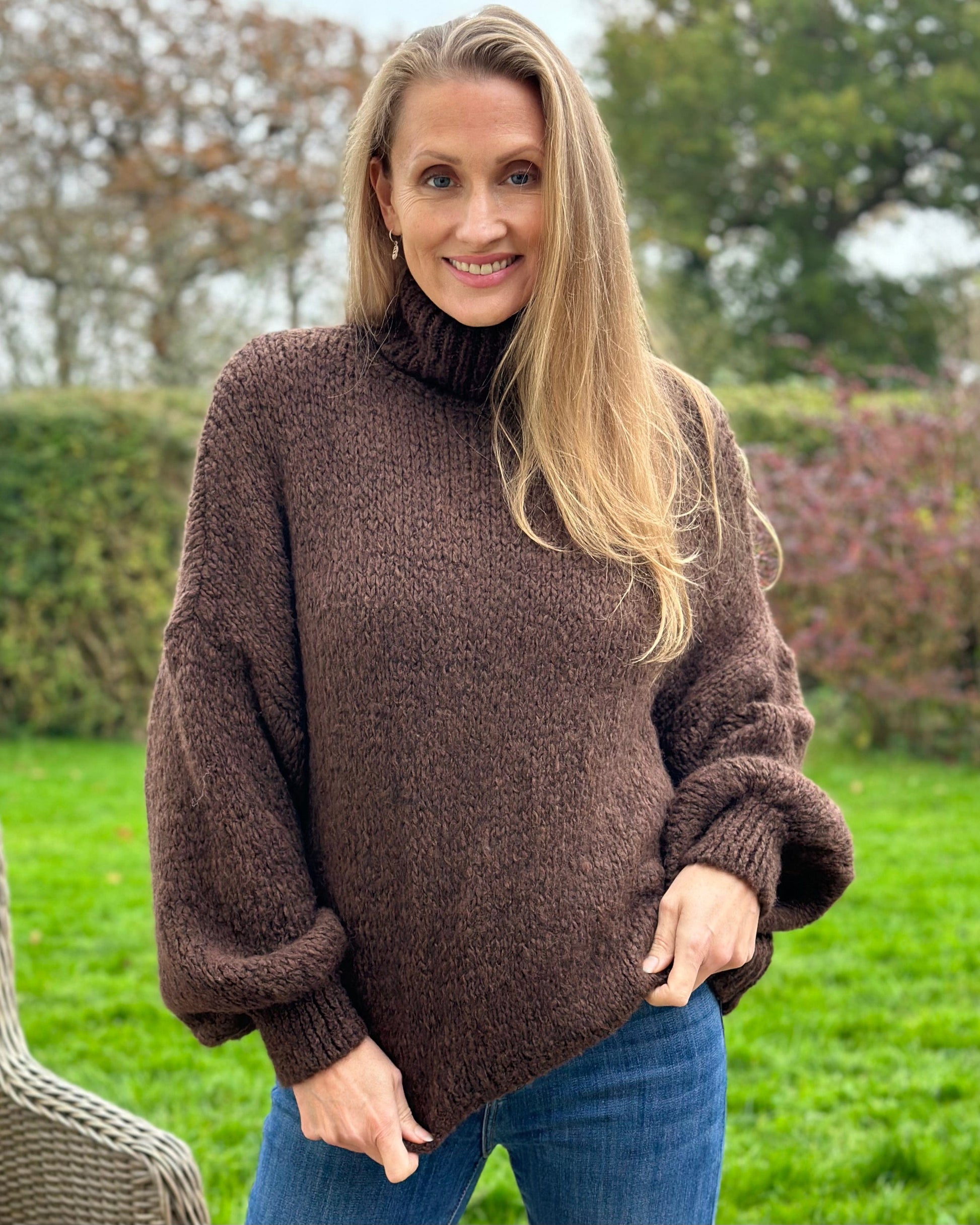 clothing Chunky Knit Roll Neck Balloon Sleeve Jumper - Brown