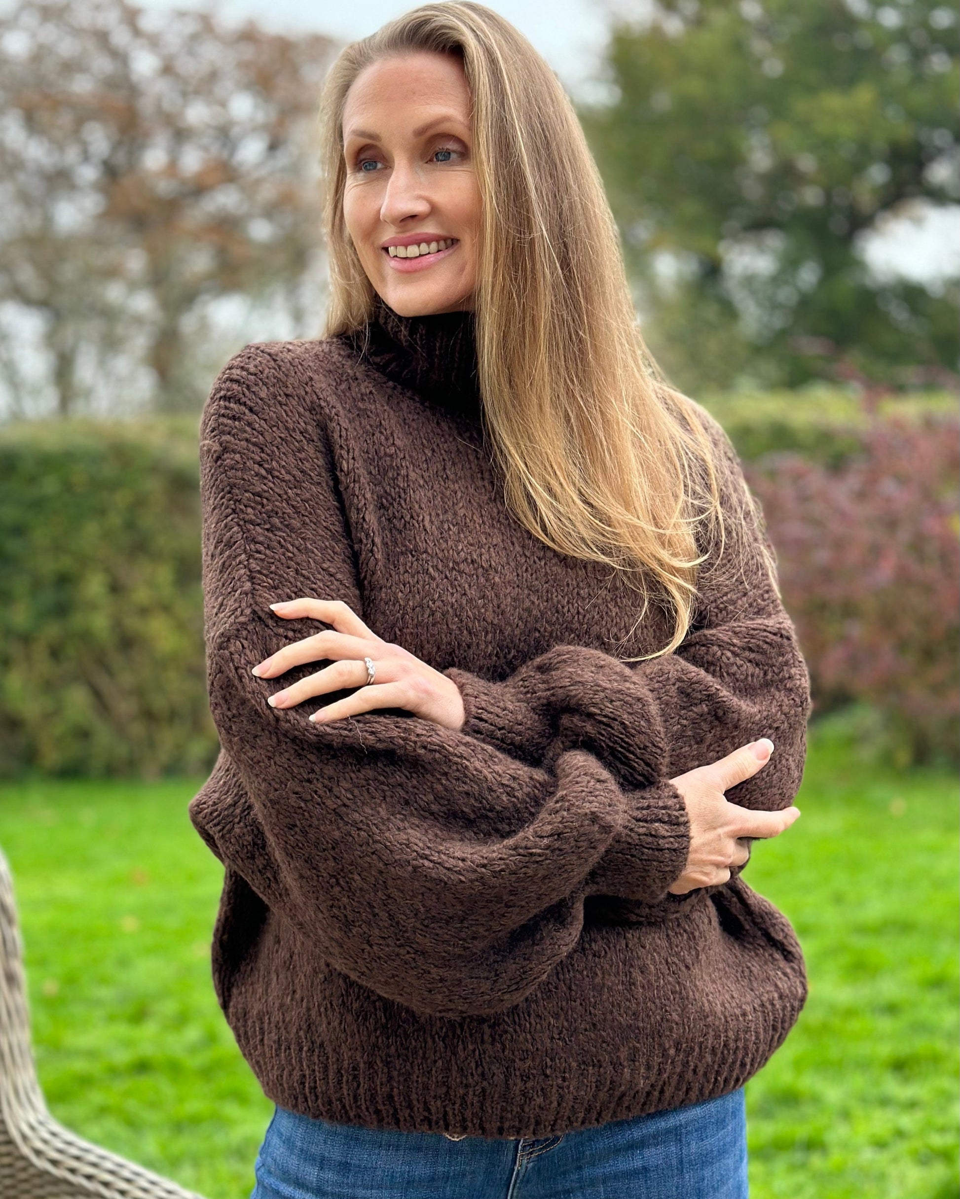 clothing Chunky Knit Roll Neck Balloon Sleeve Jumper - Brown