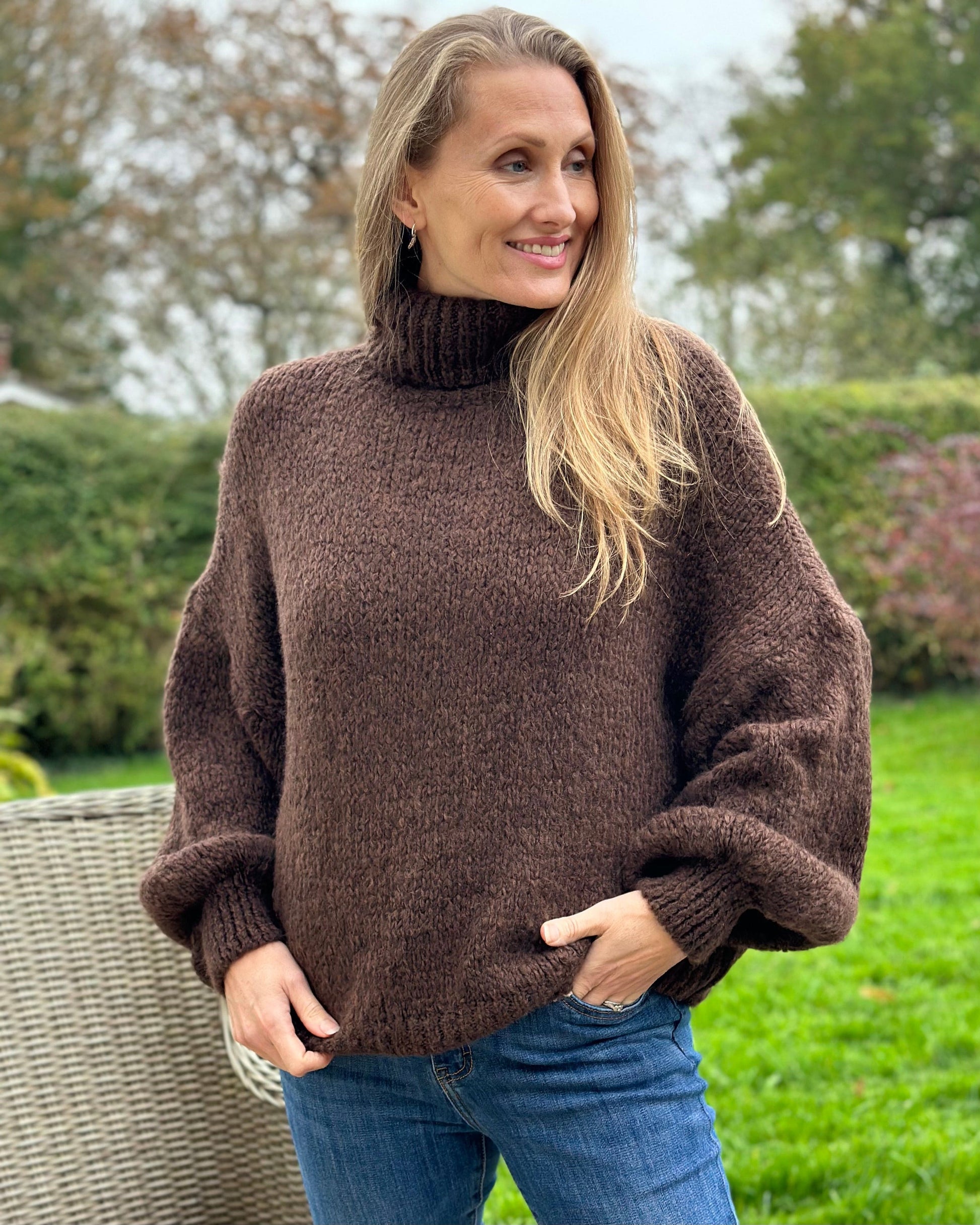 clothing Chunky Knit Roll Neck Balloon Sleeve Jumper - Brown