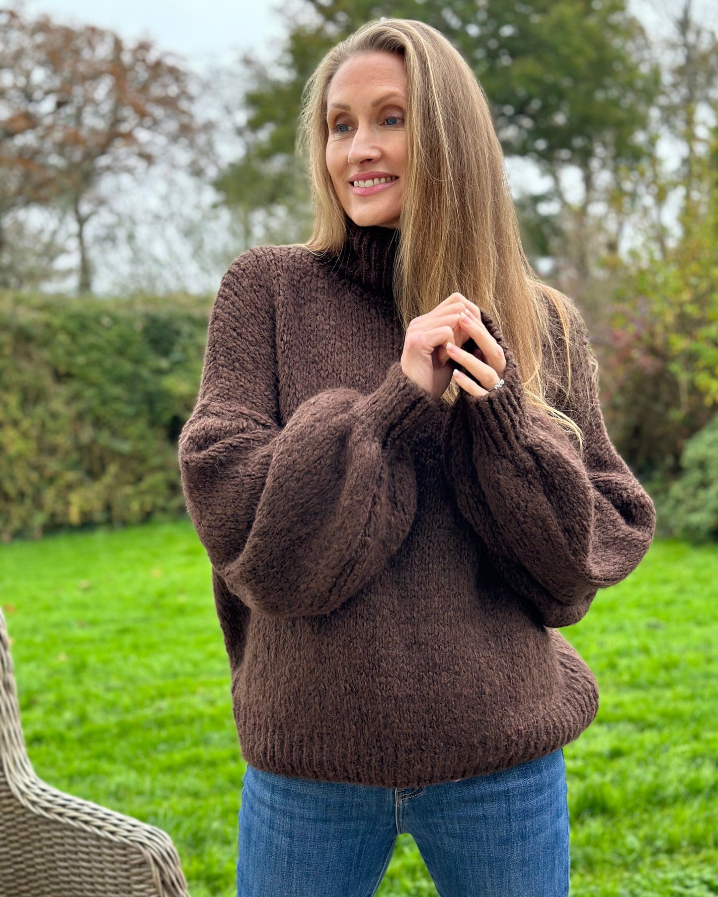 clothing Chunky Knit Roll Neck Balloon Sleeve Jumper - Brown