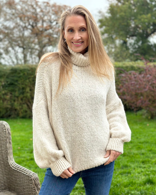 clothing Chunky Knit Roll Neck Balloon Sleeve Jumper - Cream