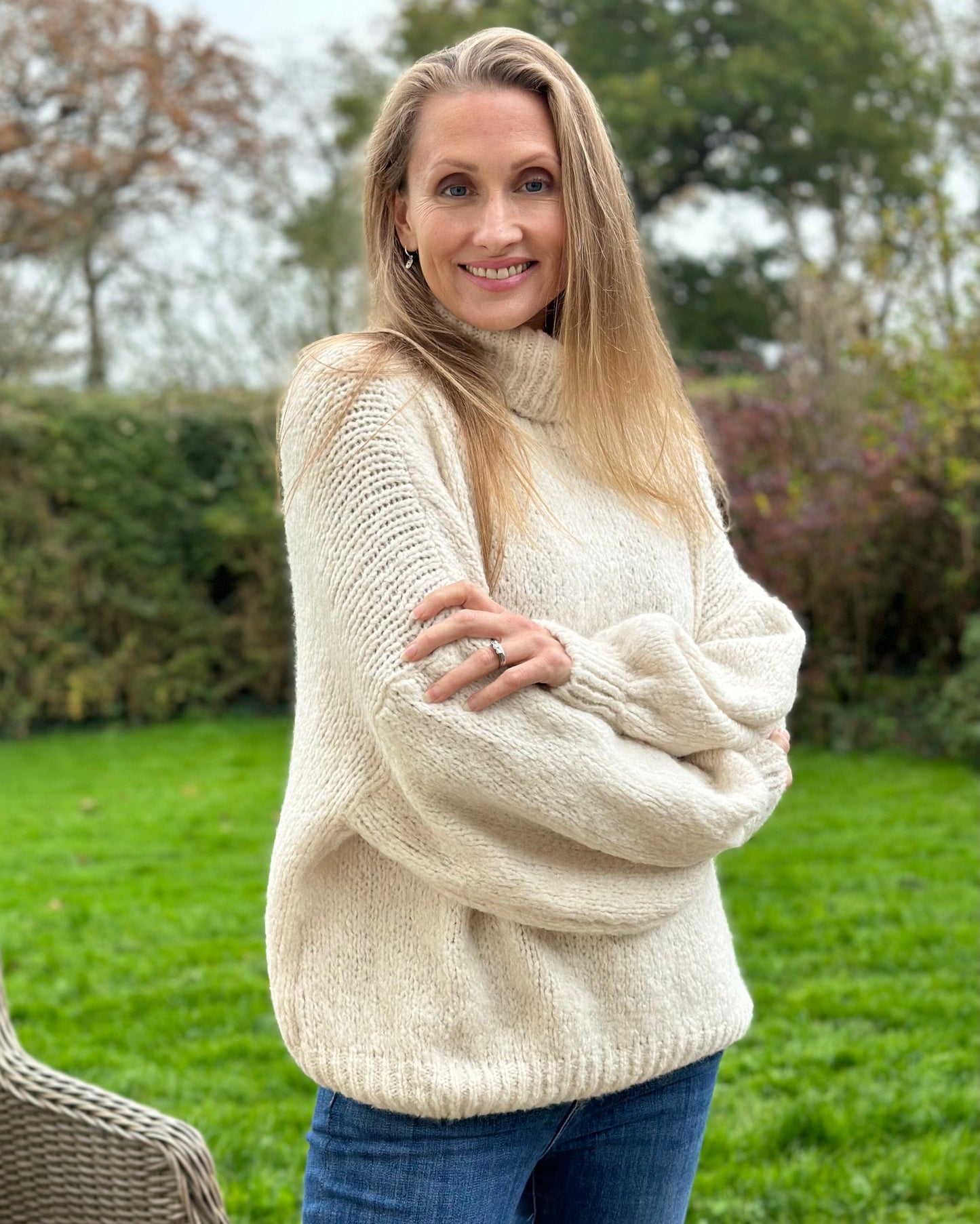 clothing Chunky Knit Roll Neck Balloon Sleeve Jumper - Cream