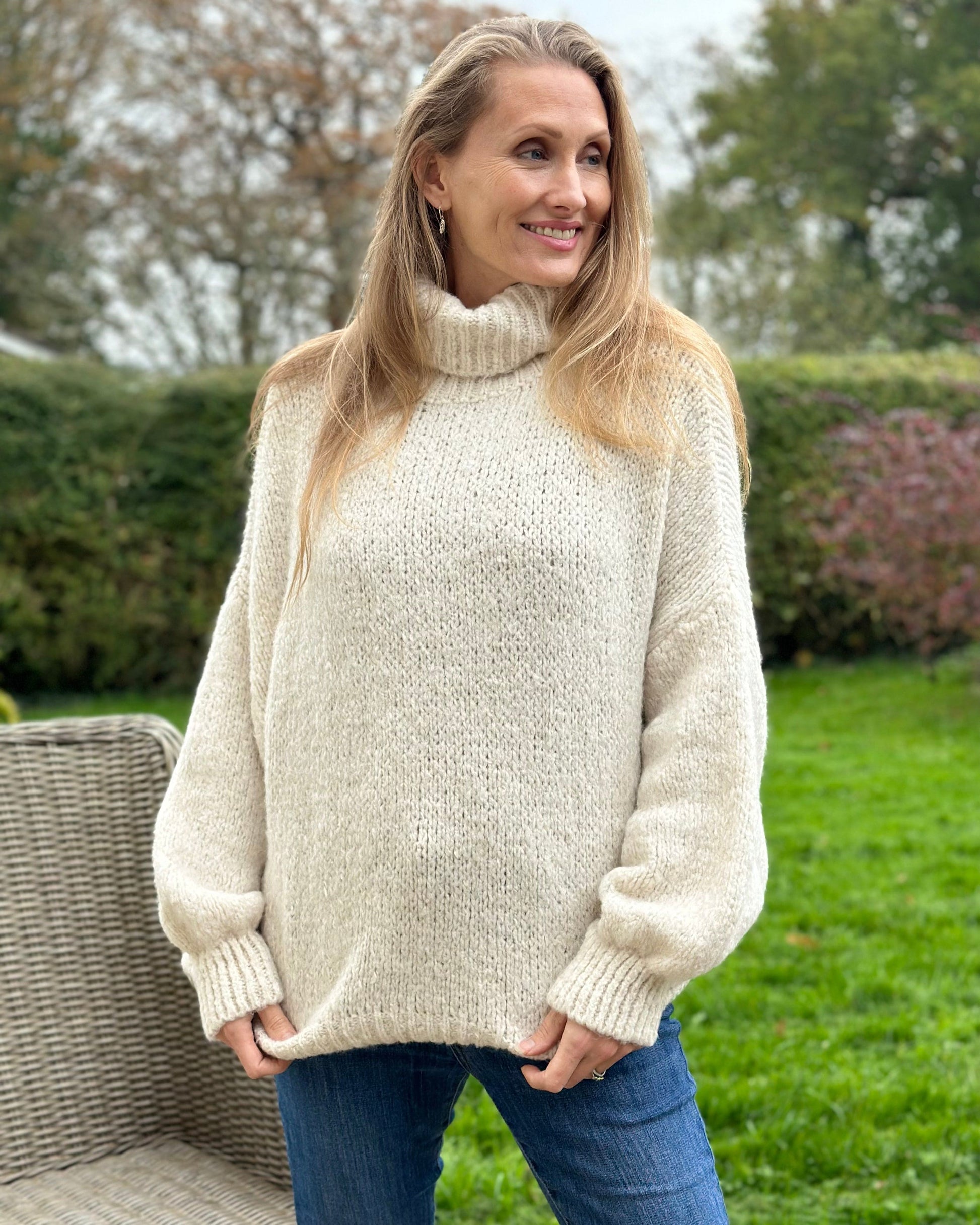 clothing Chunky Knit Roll Neck Balloon Sleeve Jumper - Cream