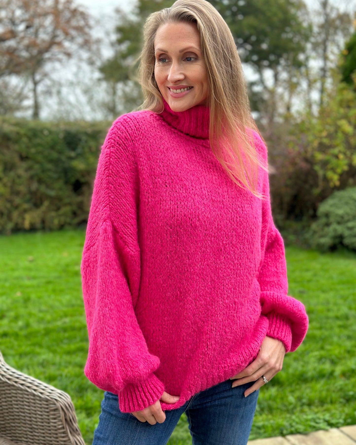 clothing Chunky Knit Roll Neck Balloon Sleeve Jumper - Hot Pink