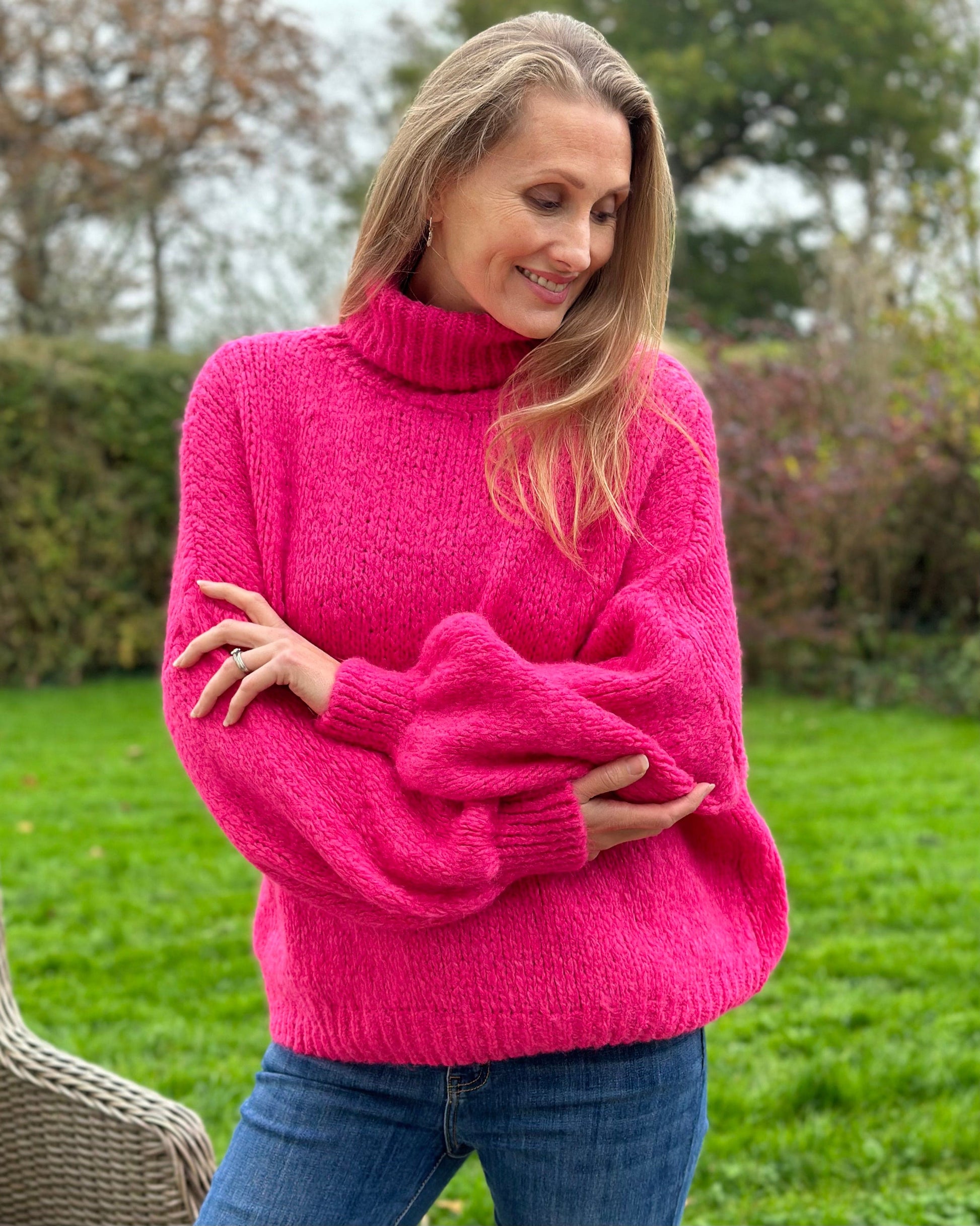 clothing Chunky Knit Roll Neck Balloon Sleeve Jumper - Hot Pink