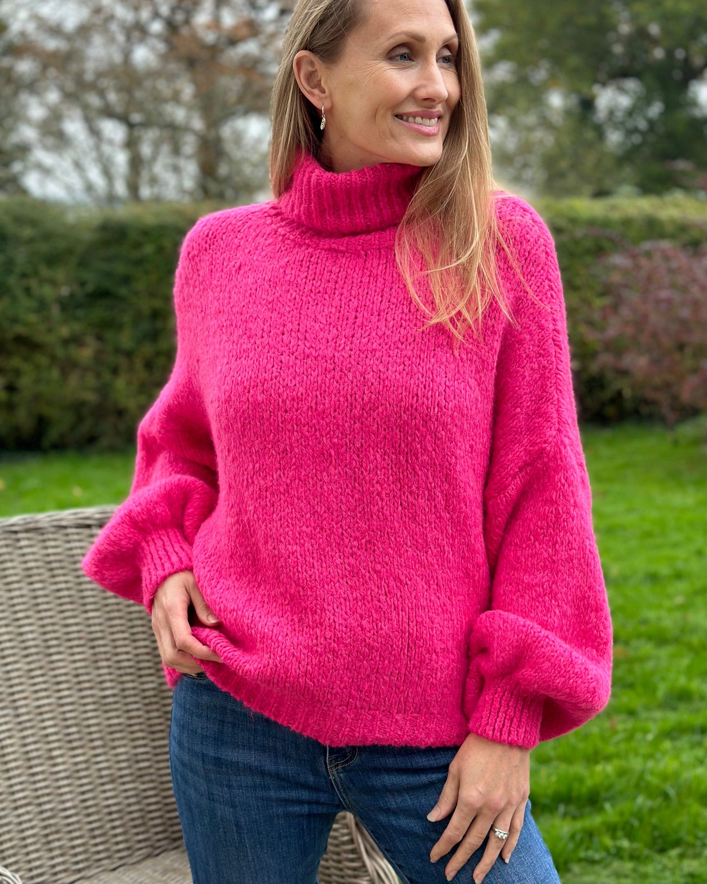 clothing Chunky Knit Roll Neck Balloon Sleeve Jumper - Hot Pink