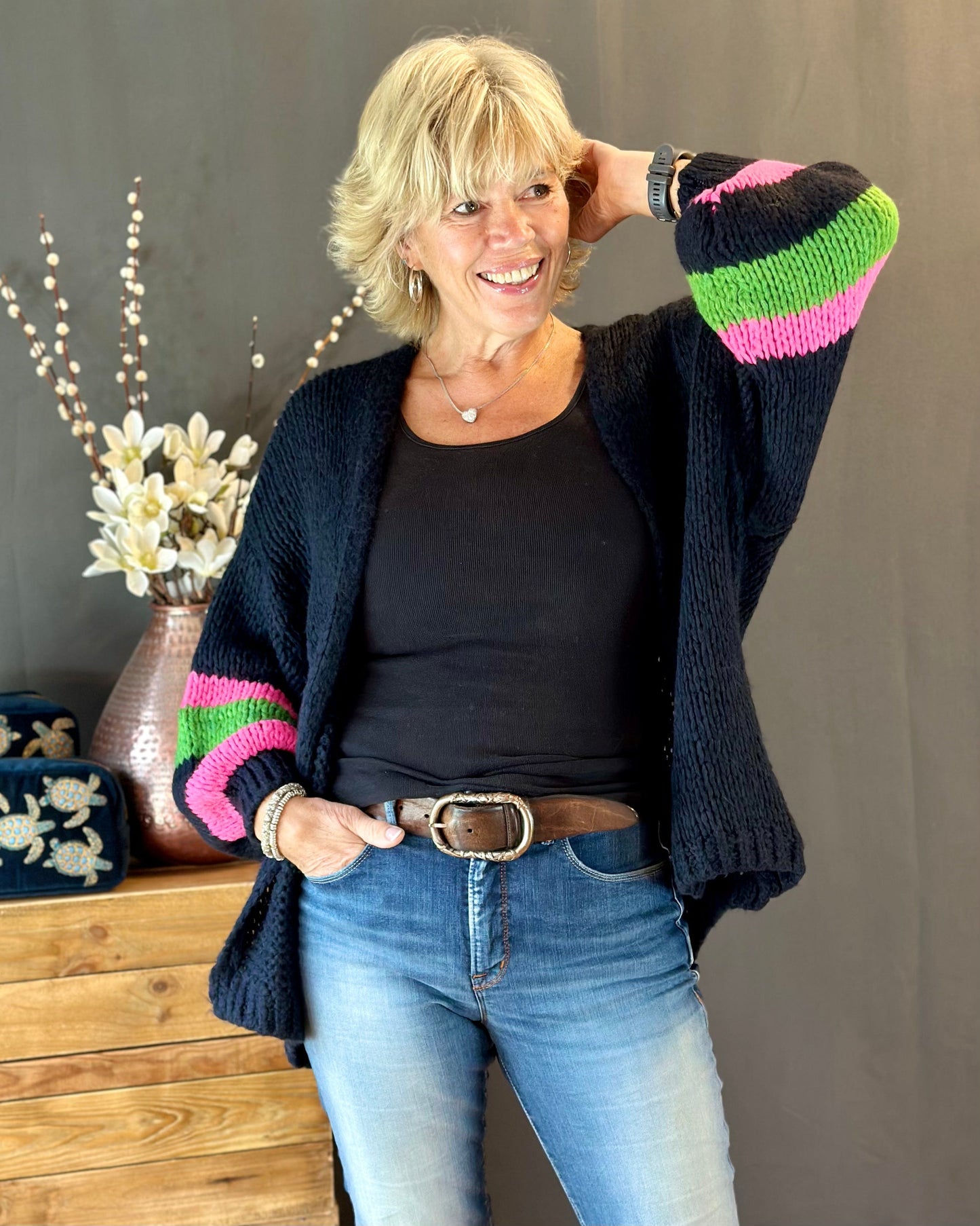 clothing Chunky Knit Stripe Sleeve Cardigan - Black