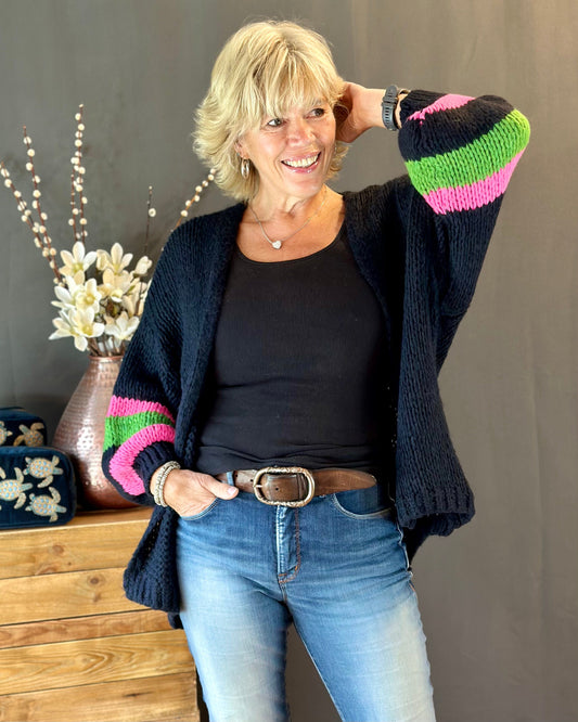 clothing Chunky Knit Stripe Sleeve Cardigan - Black