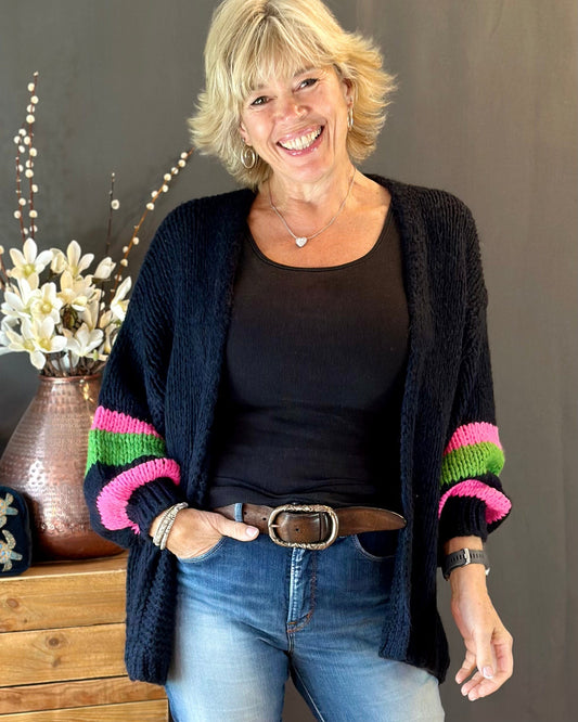 clothing Chunky Knit Stripe Sleeve Cardigan - Black